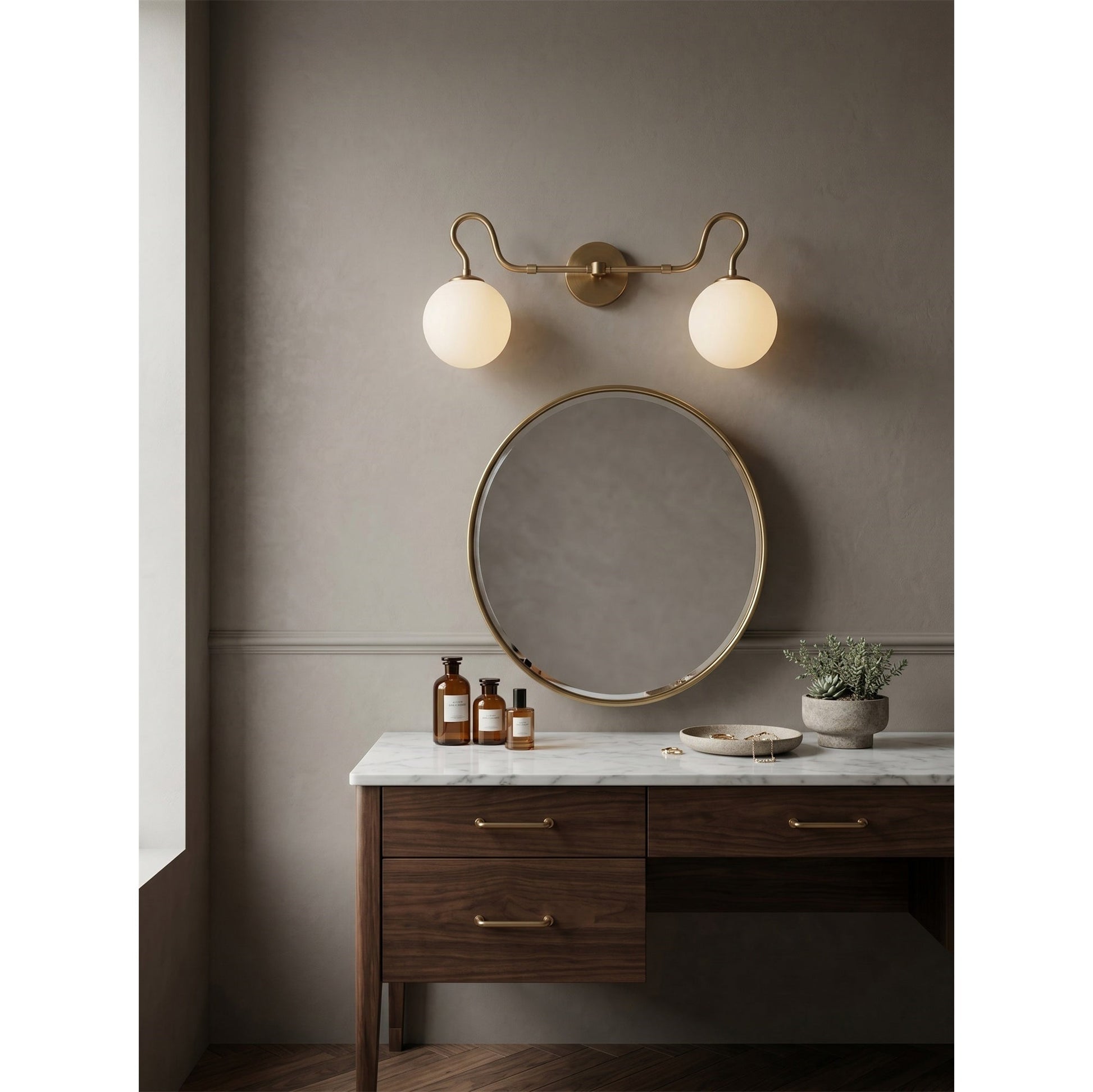 Floren Double Wall Sconce in black finish with clear glass globes.