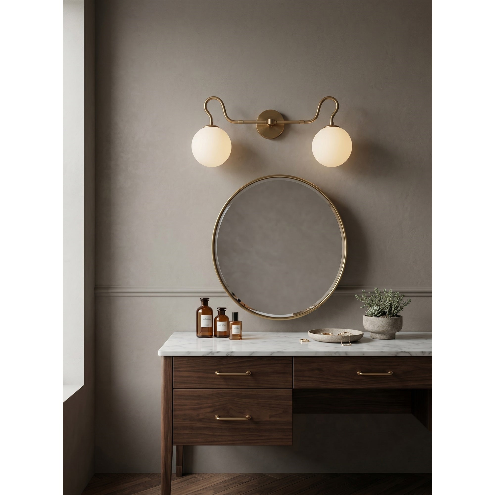 Floren Double Wall Sconce in black finish with clear glass globes.