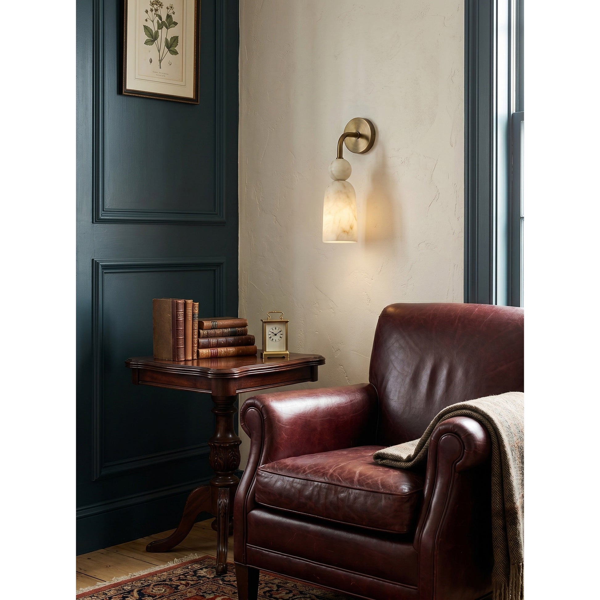 Angled view highlighting the graceful curve of the brass arm.