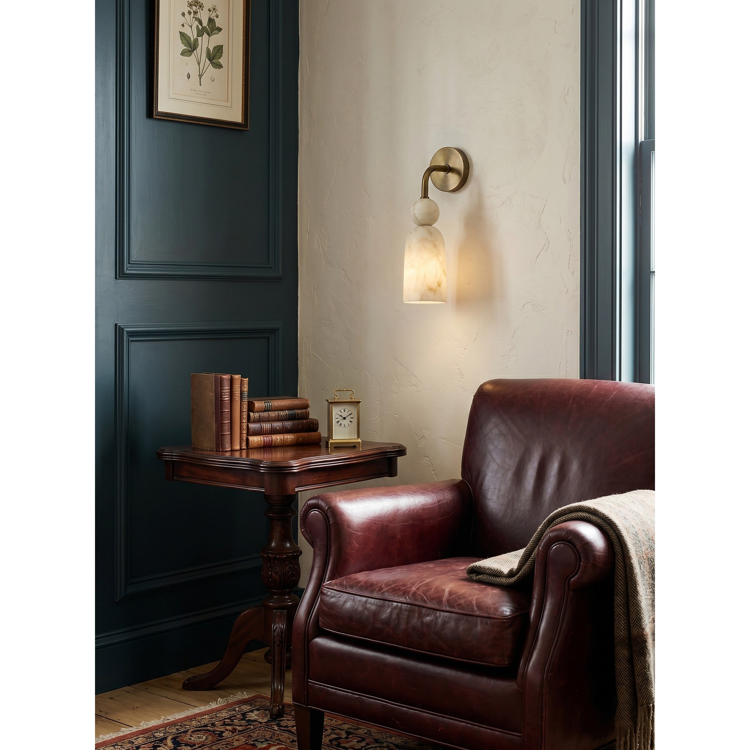 Angled view highlighting the graceful curve of the brass arm.
