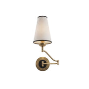 Fontaine Rocker Arm Wall Sconce with brass finish and white fabric shade.