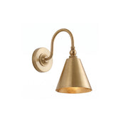 Front view of the Forna Brass Wall Sconce with its conical shade.