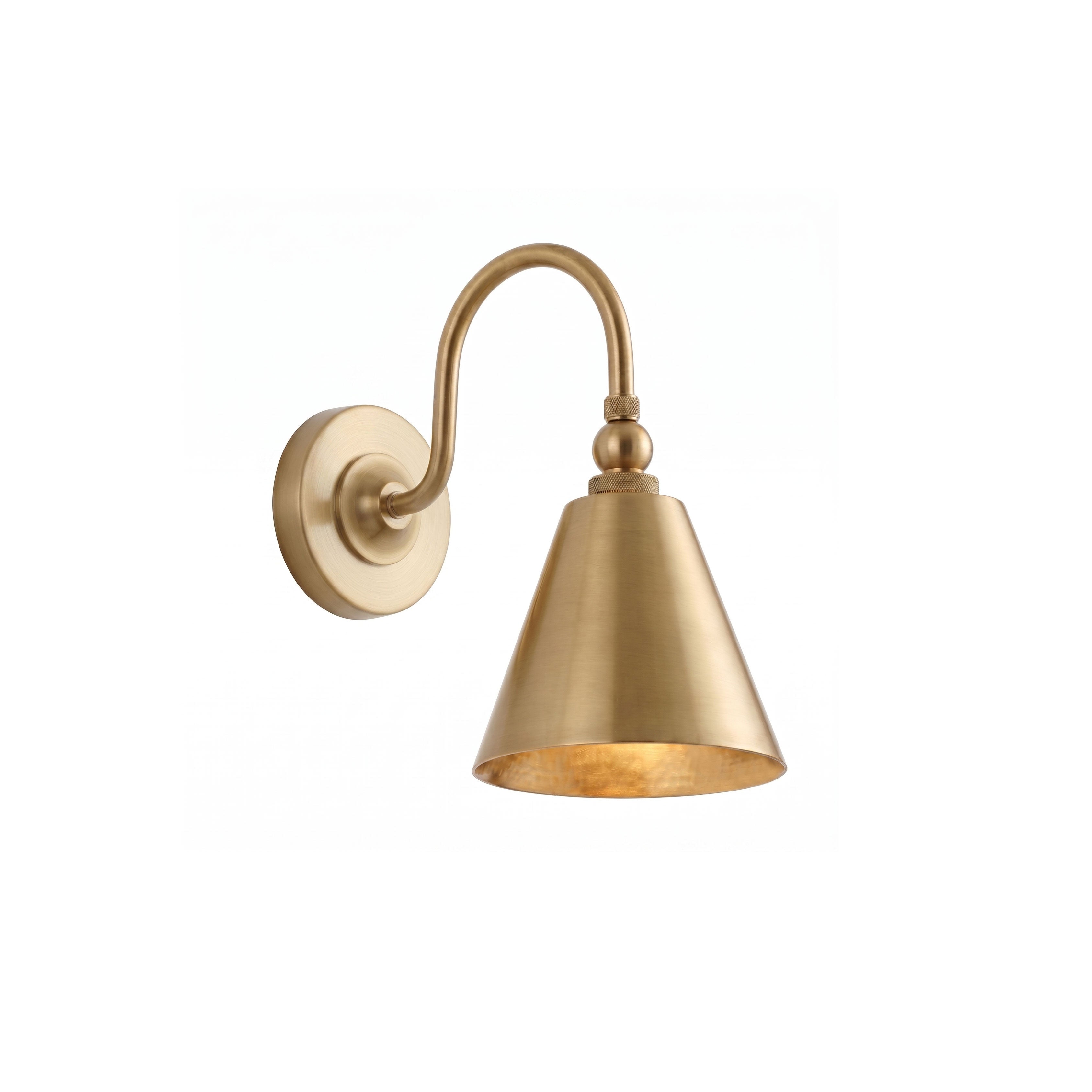 Front view of the Forna Brass Wall Sconce with its conical shade.