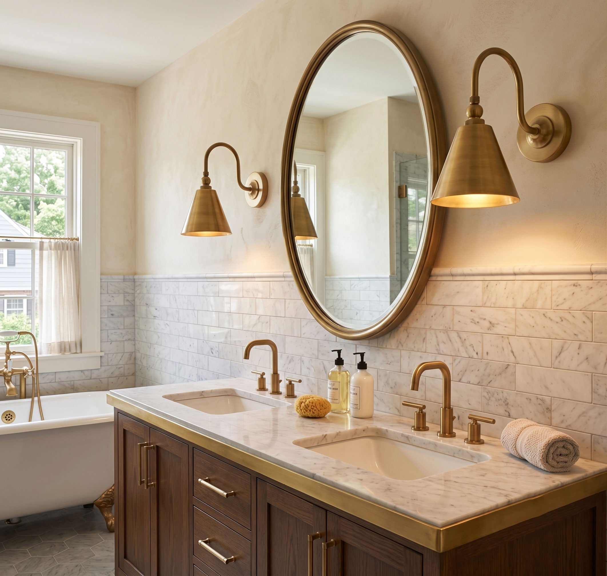 Side profile of the Forna Brass Wall Sconce showcasing its gooseneck arm.