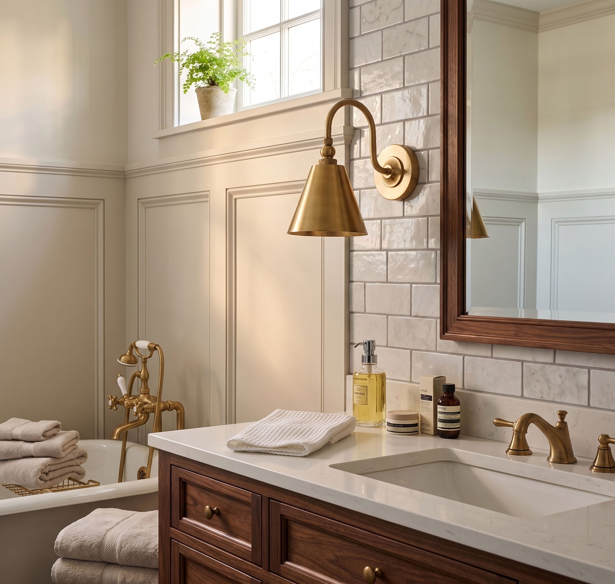 The Forna Brass Wall Sconce installed in a modern kitchen, providing task lighting.