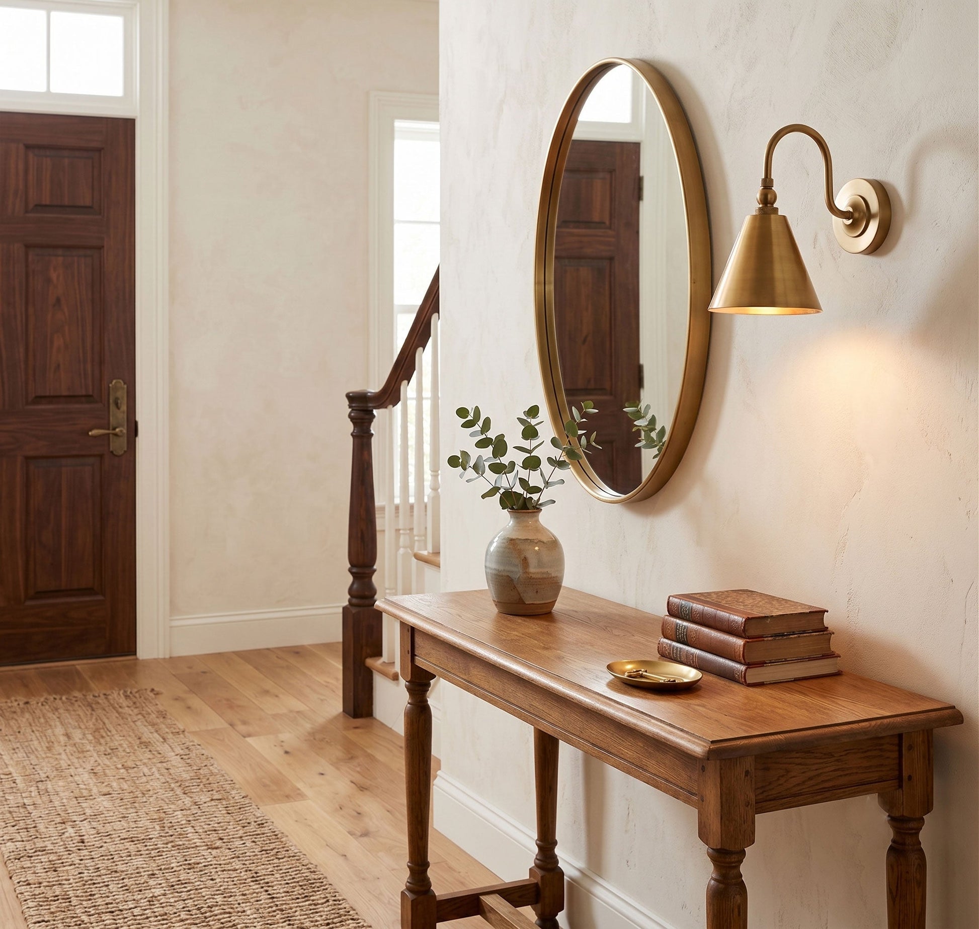 The Forna Brass Wall Sconce used as a bedside reading lamp in a cozy bedroom.
