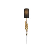 Front view of the Fusion Wall Sconce, showcasing its elongated brass body and black shade.