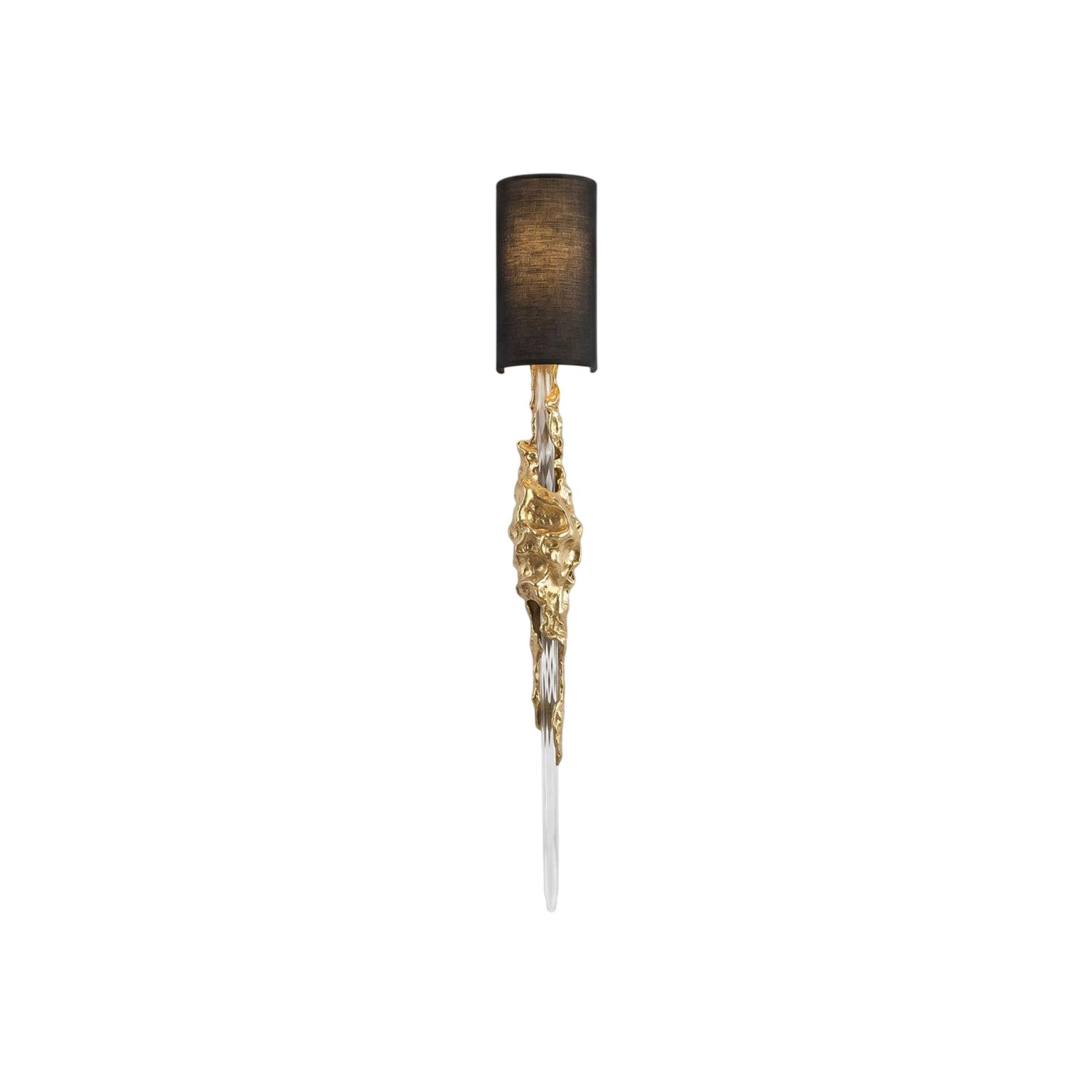 Front view of the Fusion Wall Sconce, showcasing its elongated brass body and black shade.