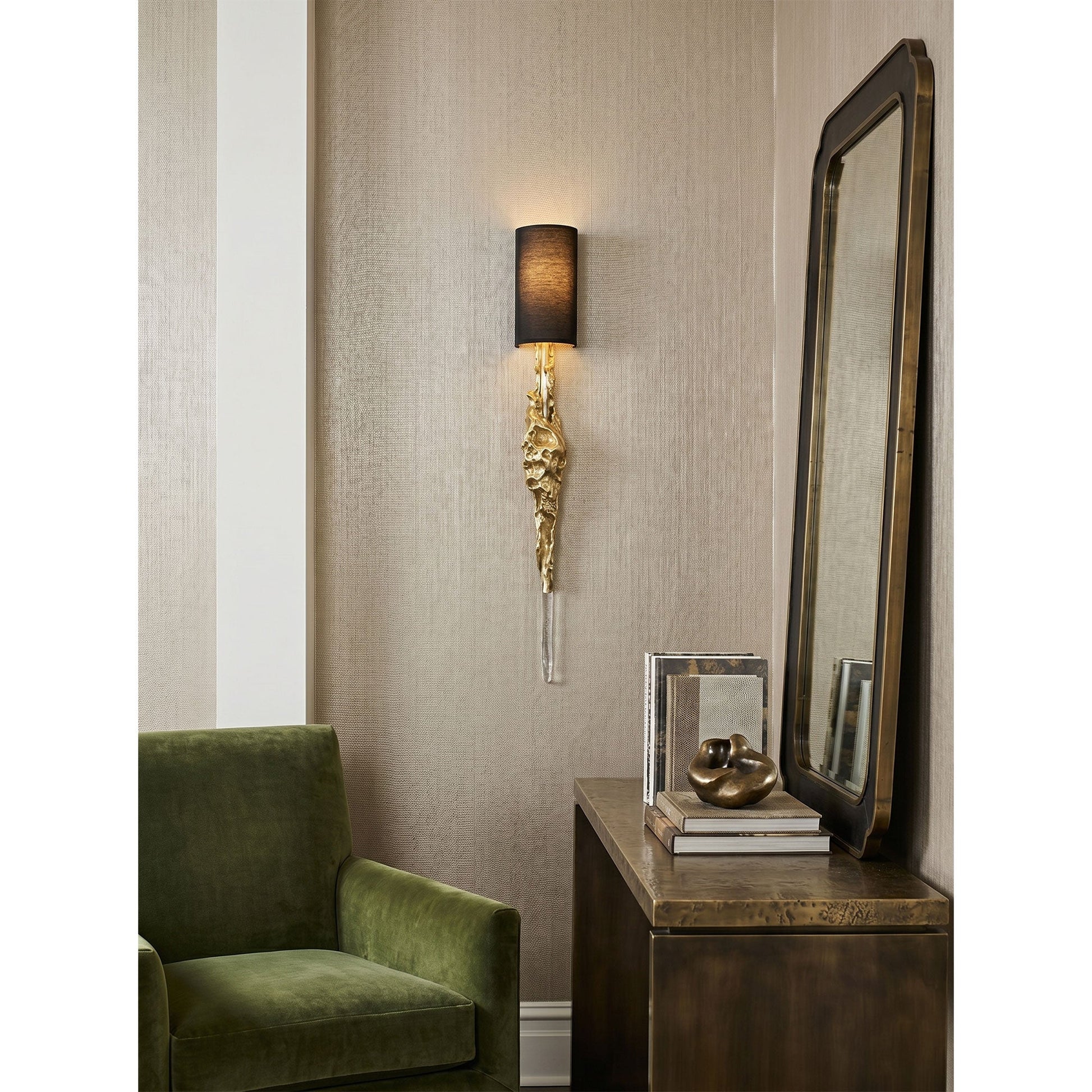 Fusion Wall Sconce mounted on a dark-painted wall, creating a high-contrast look.