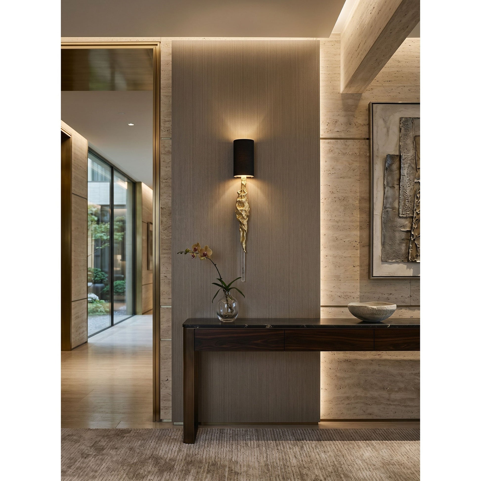 The black fabric shield shade of the Fusion Wall Sconce, viewed from the side.
