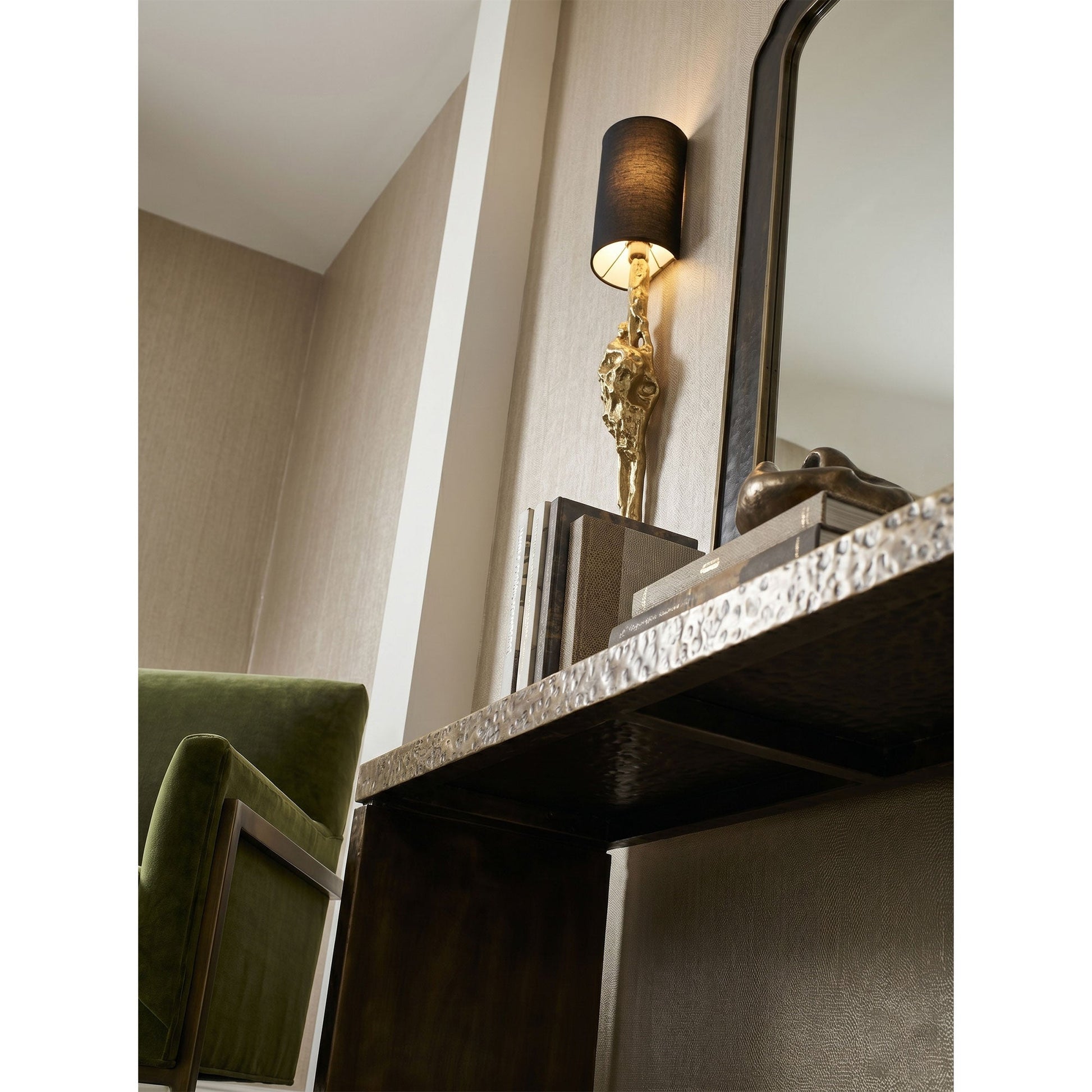 Fusion Wall Sconce installed in a dark academia-styled hallway, providing ambient light.