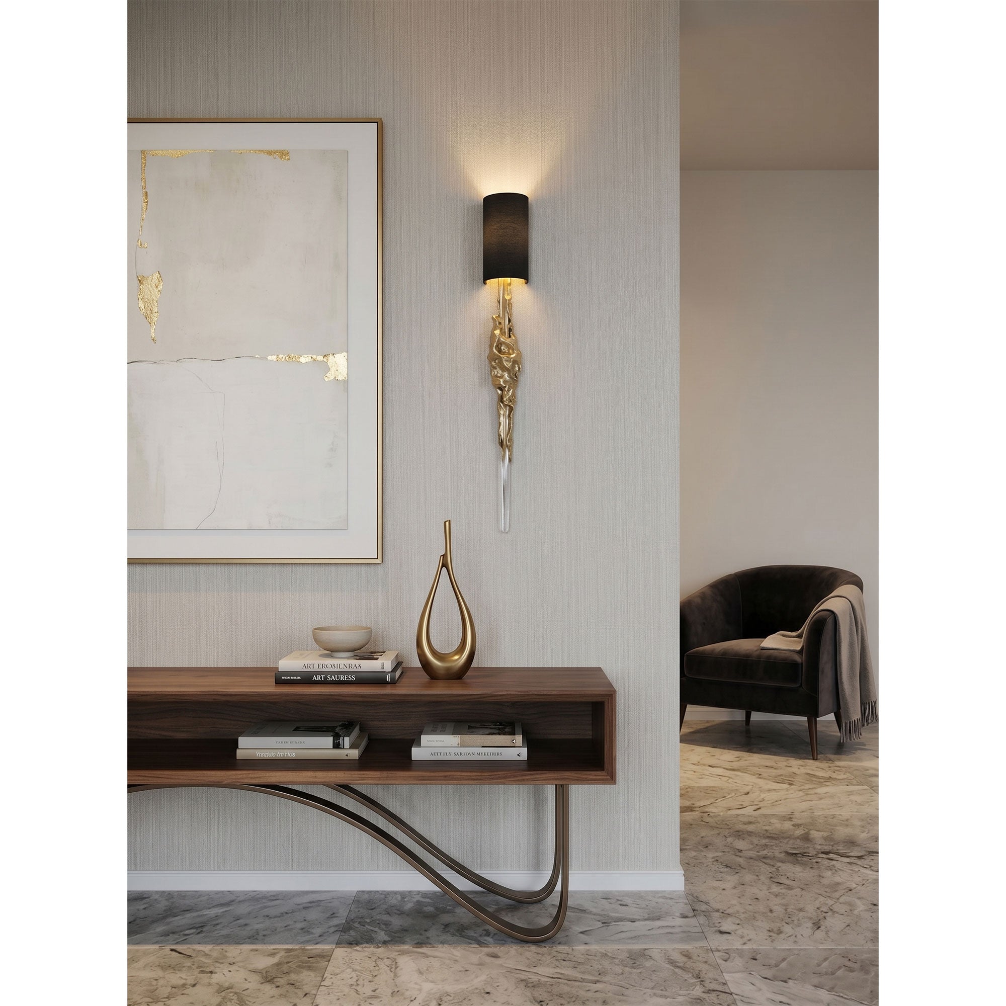 A pair of Fusion Wall Sconces flanking a modern vanity mirror in a powder room.