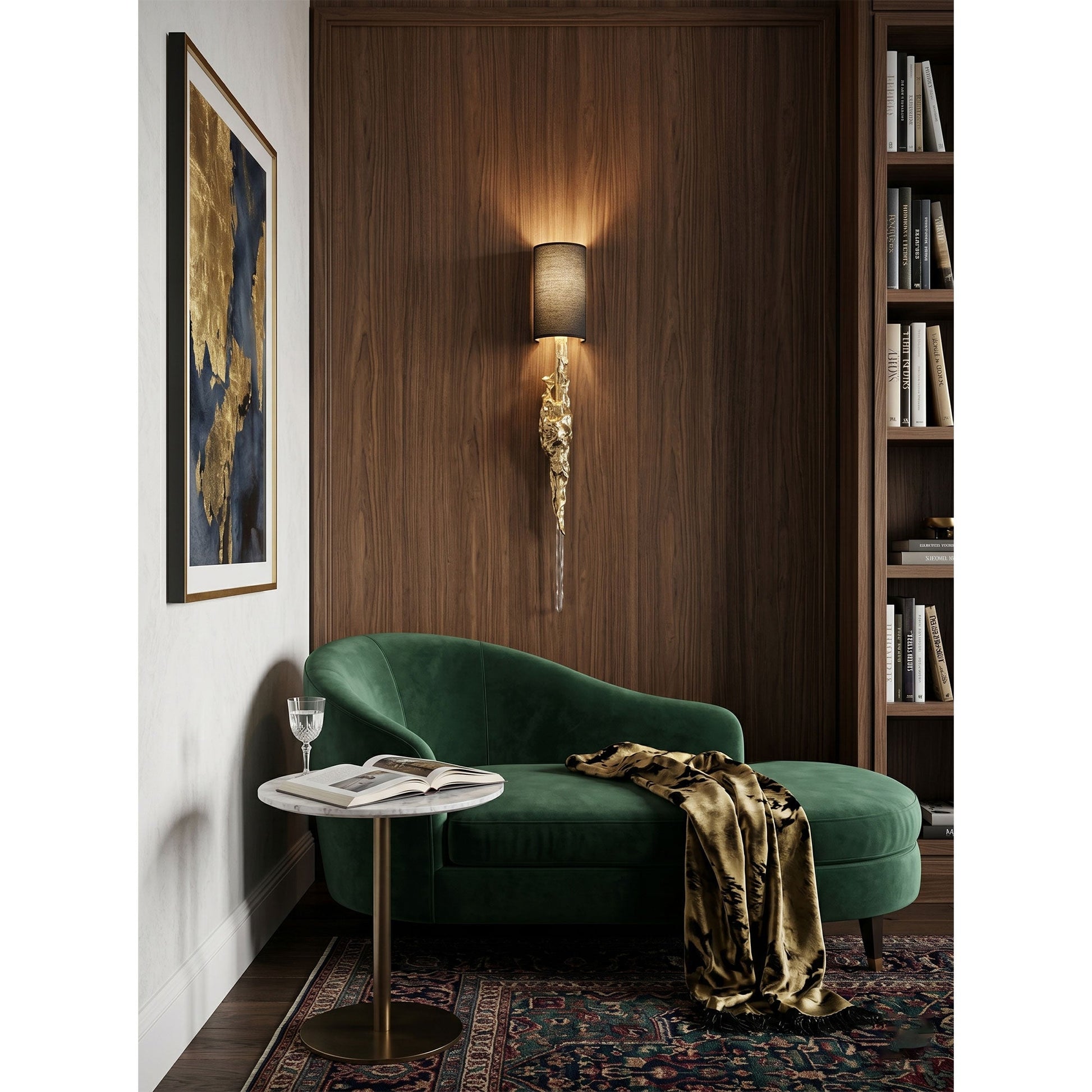 The sconce casting a warm, moody glow in a contemporary bedroom setting.