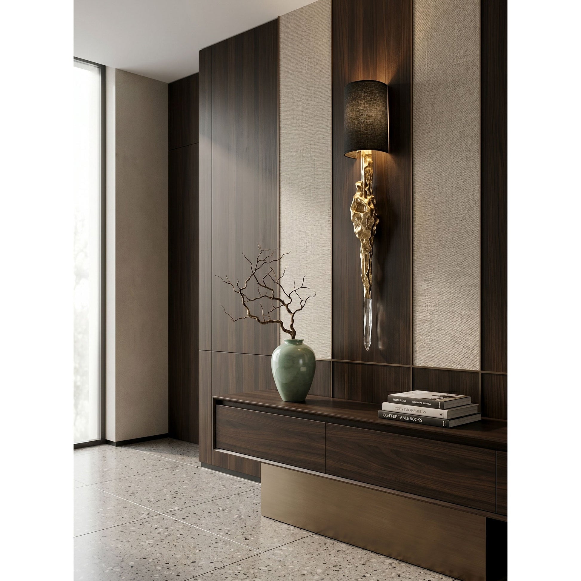 Lifestyle image of the Fusion Wall Sconce adding dramatic flair to a grand entryway.