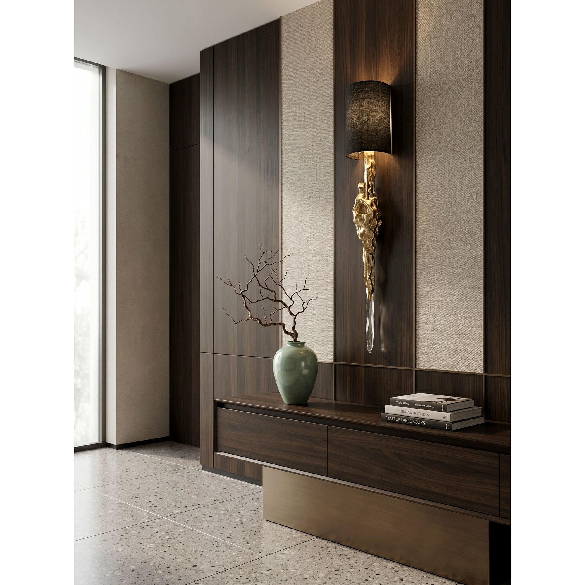 Lifestyle image of the Fusion Wall Sconce adding dramatic flair to a grand entryway.