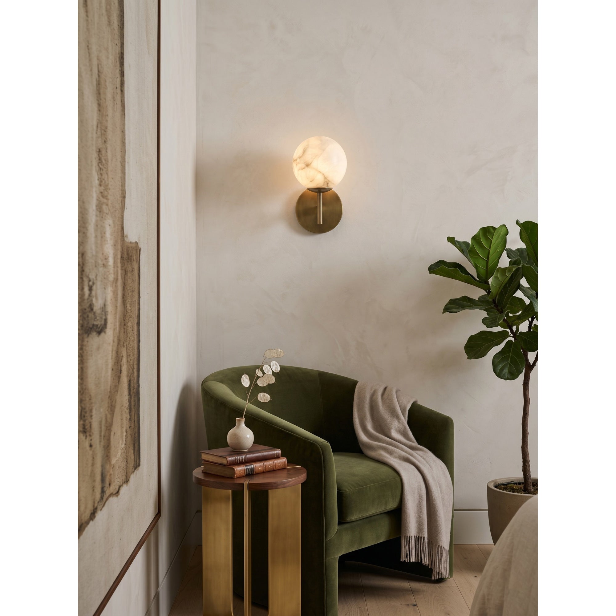 Garrison Alabaster Wall Sconce used as elegant bedside lighting.