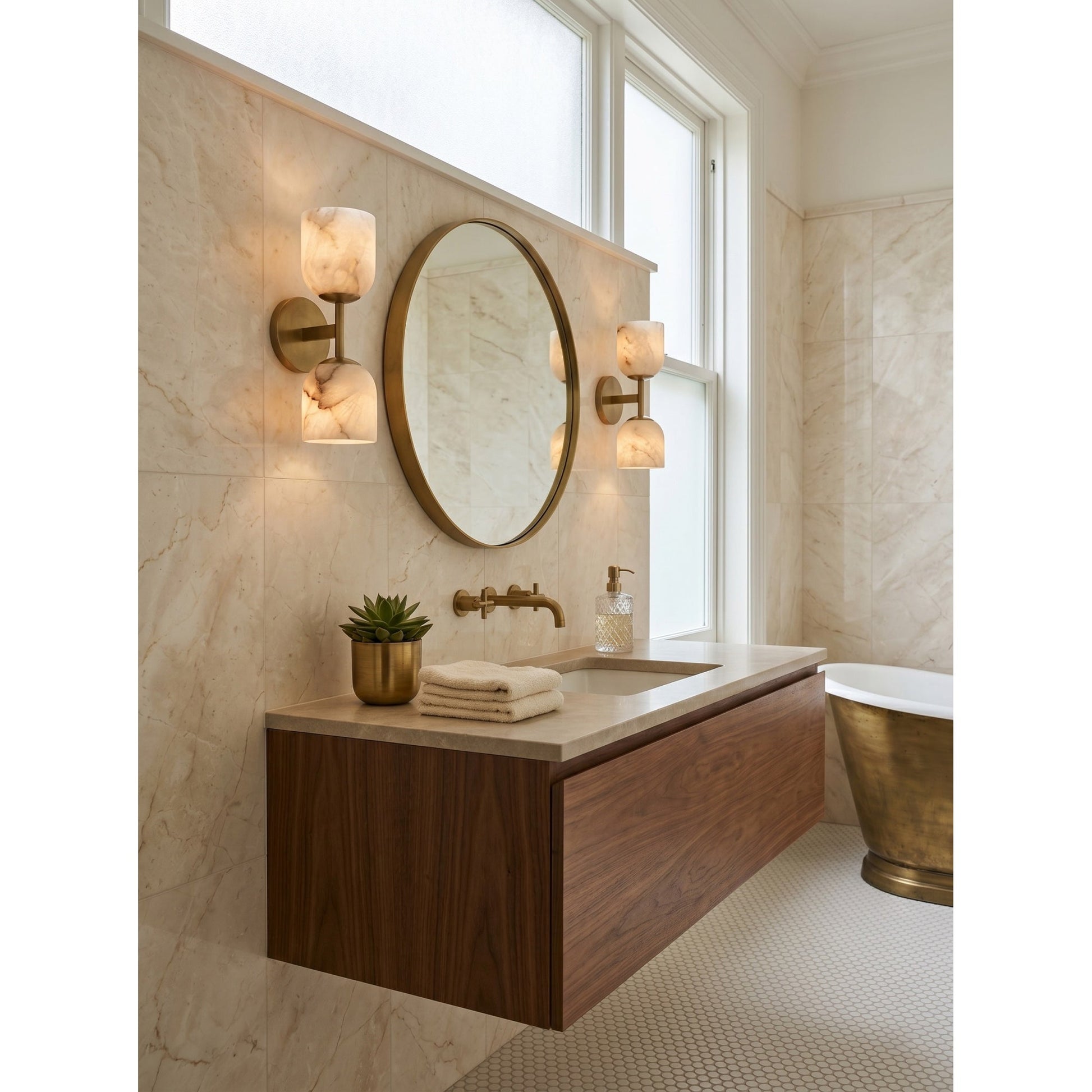 The double-head version of the Garrison Alabaster Wall Sconce.