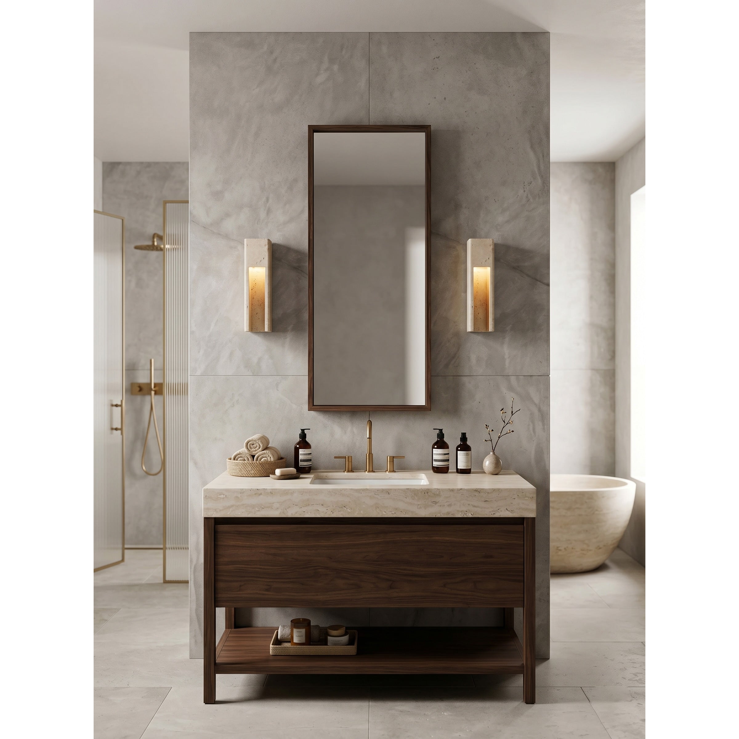 A pair of Graziano Travertine Wall Sconces in a modern entryway.