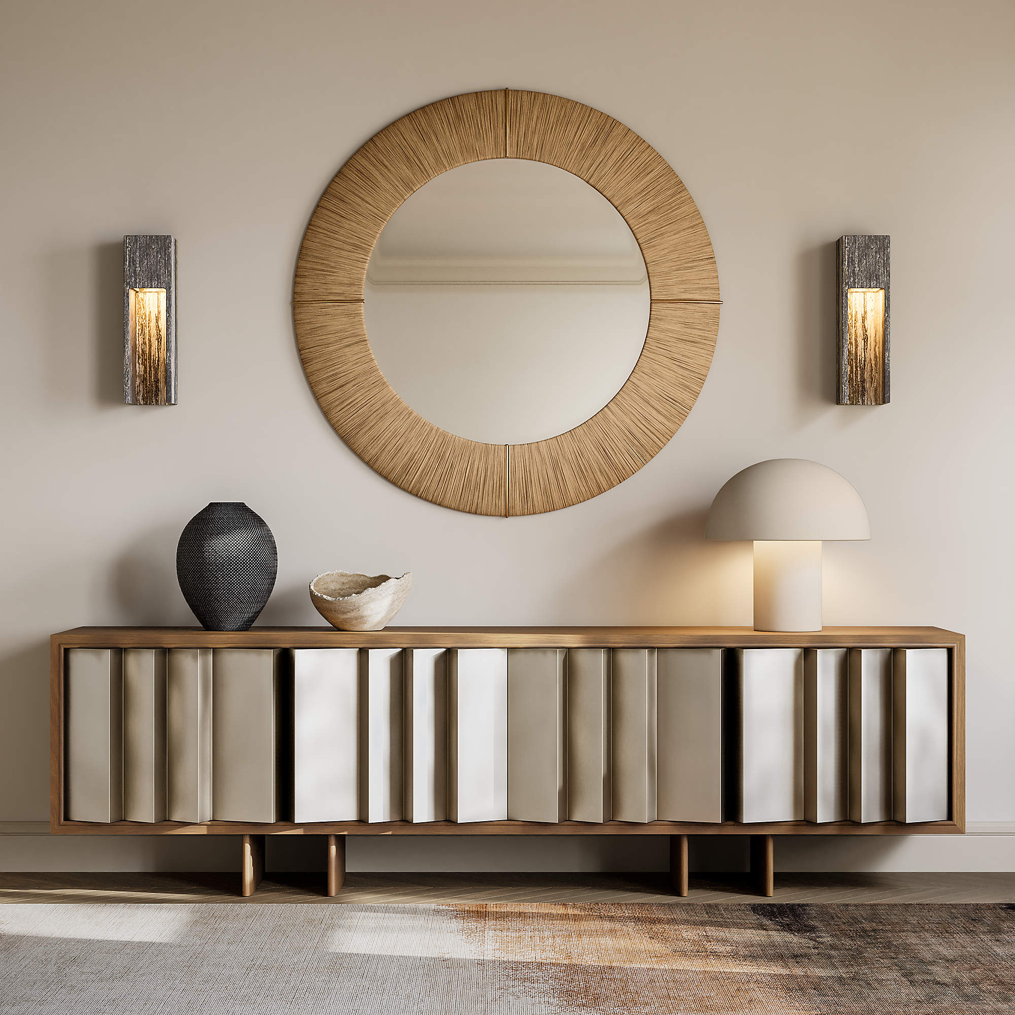 Graziano Travertine Wall Sconce in a modern living room setting.