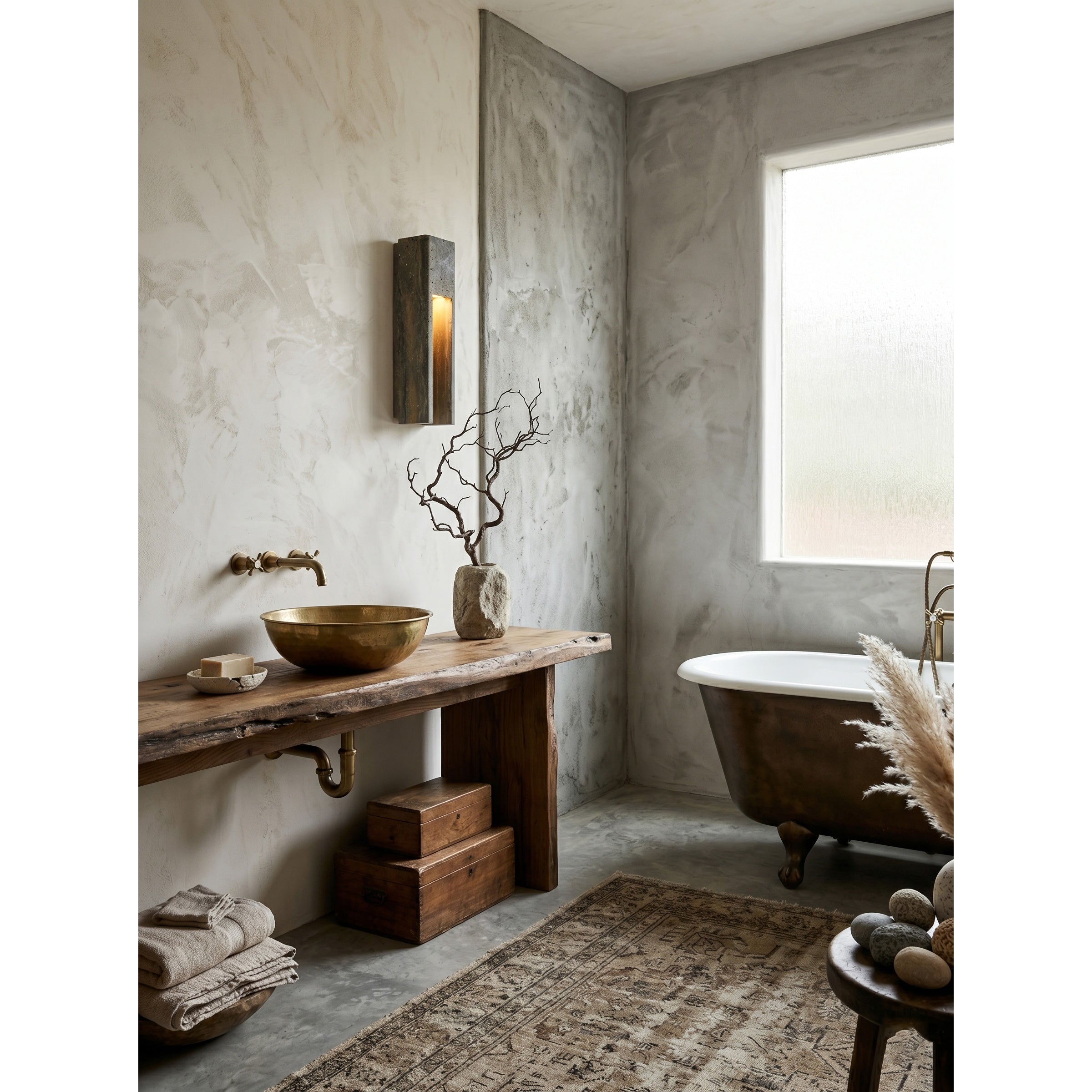 Unlit view of the beige travertine wall sconce against a neutral wall.