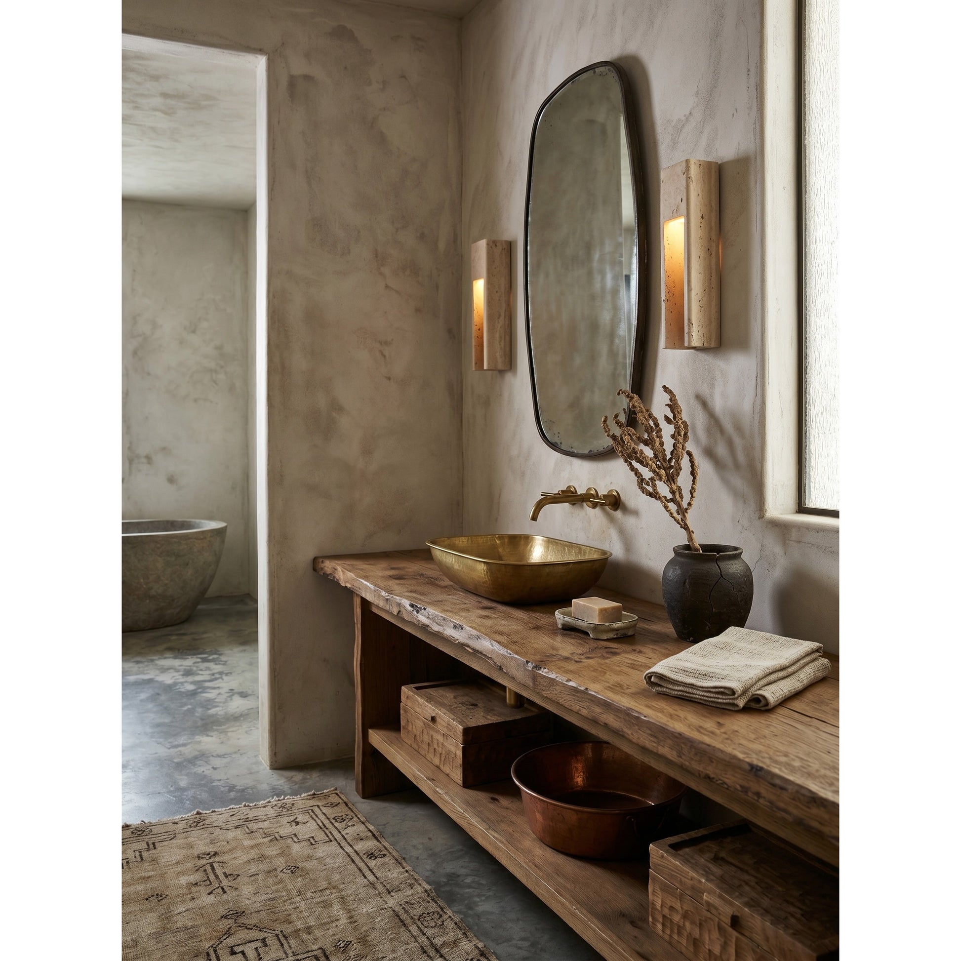 Unlit view of the silver gray travertine wall sconce.