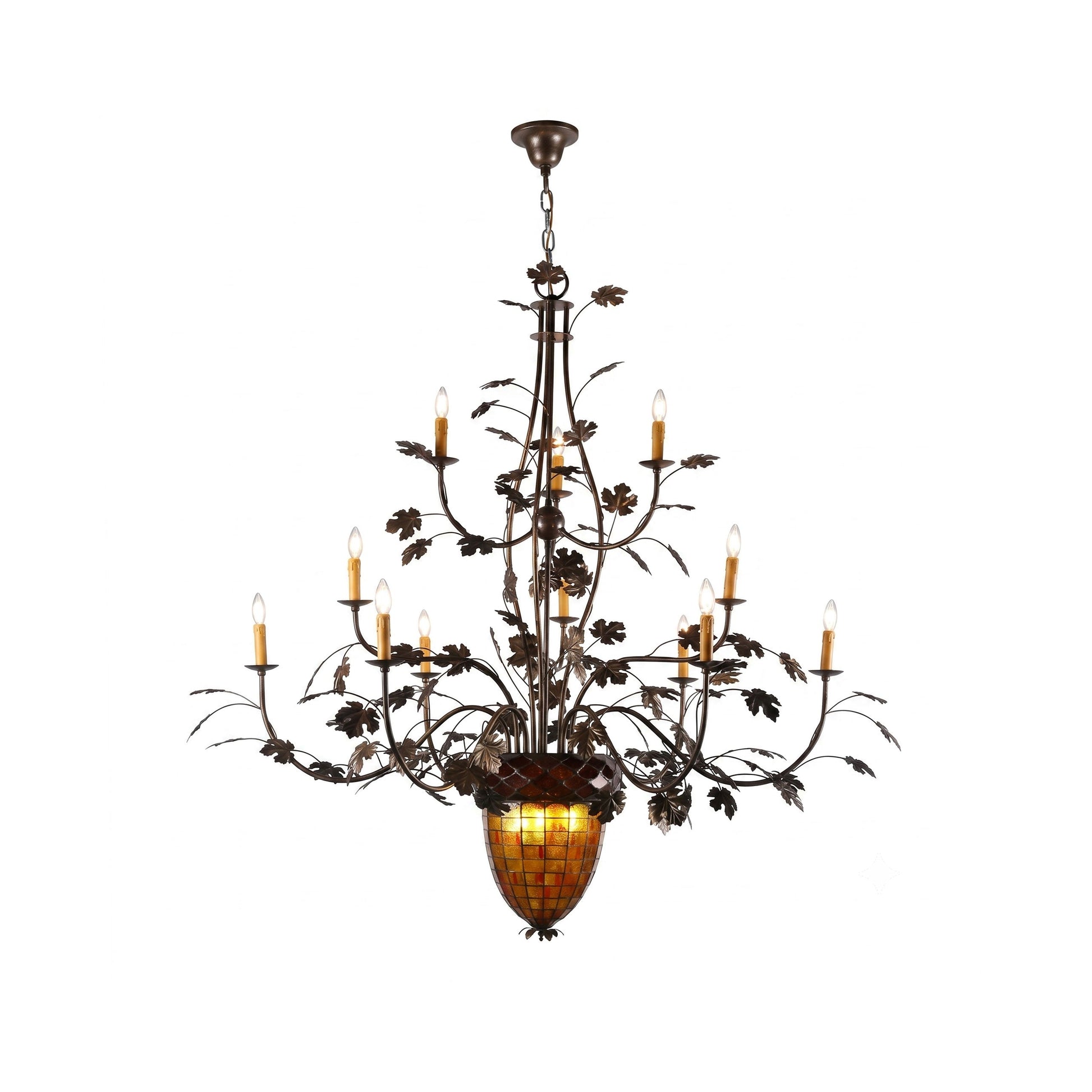 Greenbriar Chandelier with iron vines and amber glass shades.