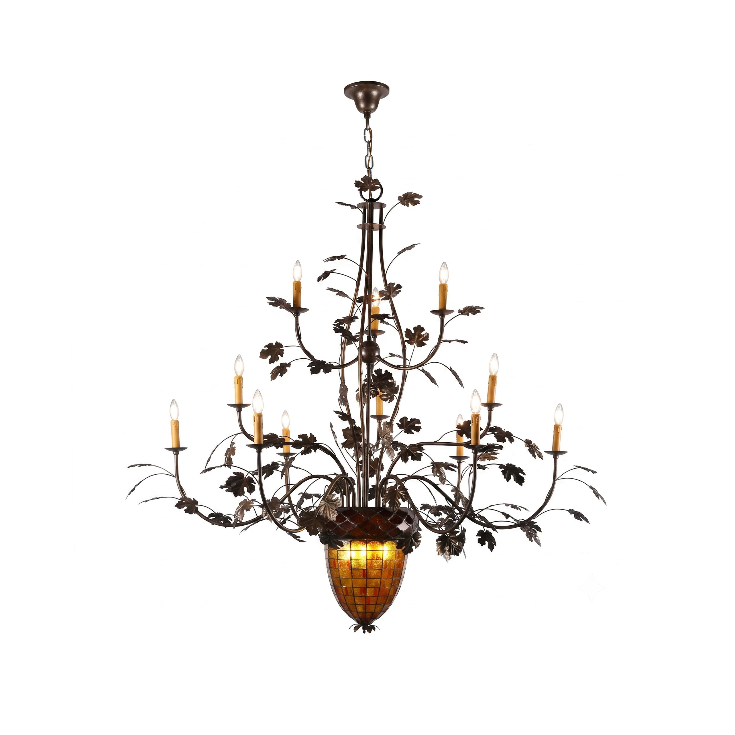 Greenbriar Chandelier with iron vines and amber glass shades.