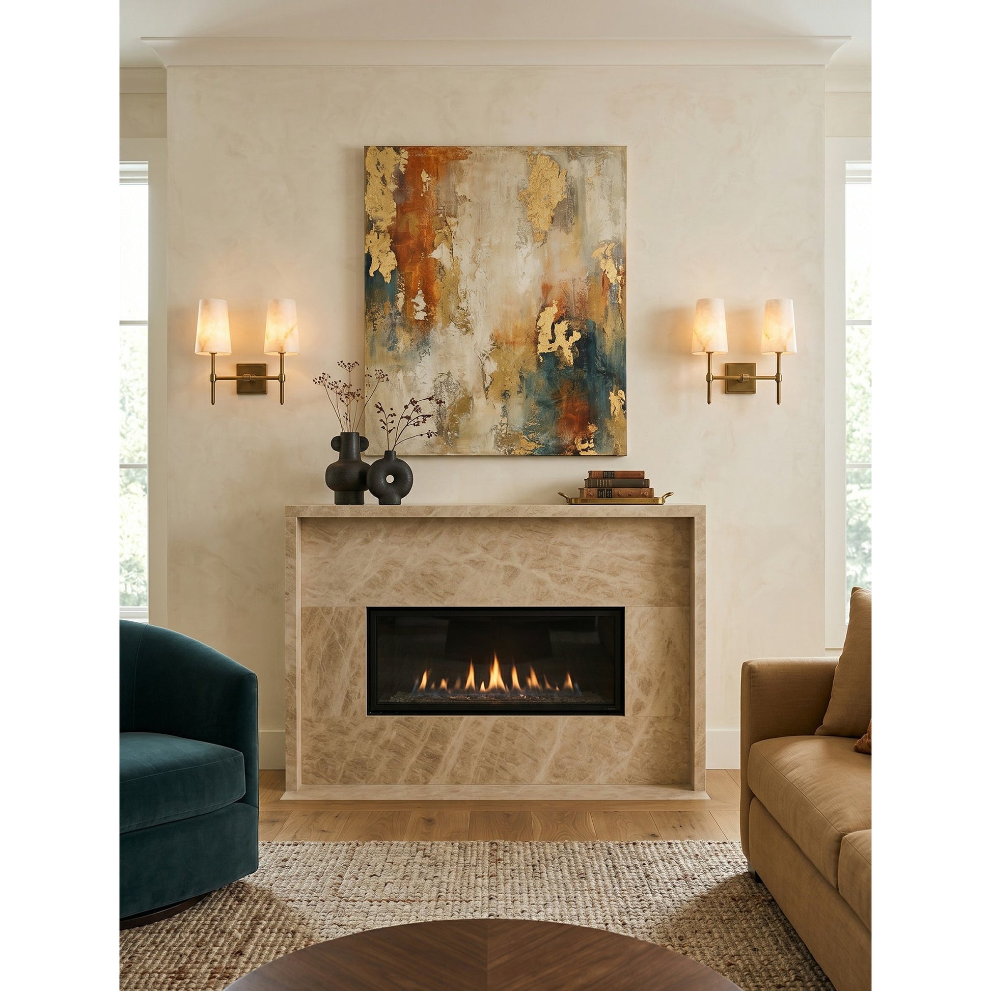 The wall sconce illuminated, casting a soft, warm glow through the alabaster.
