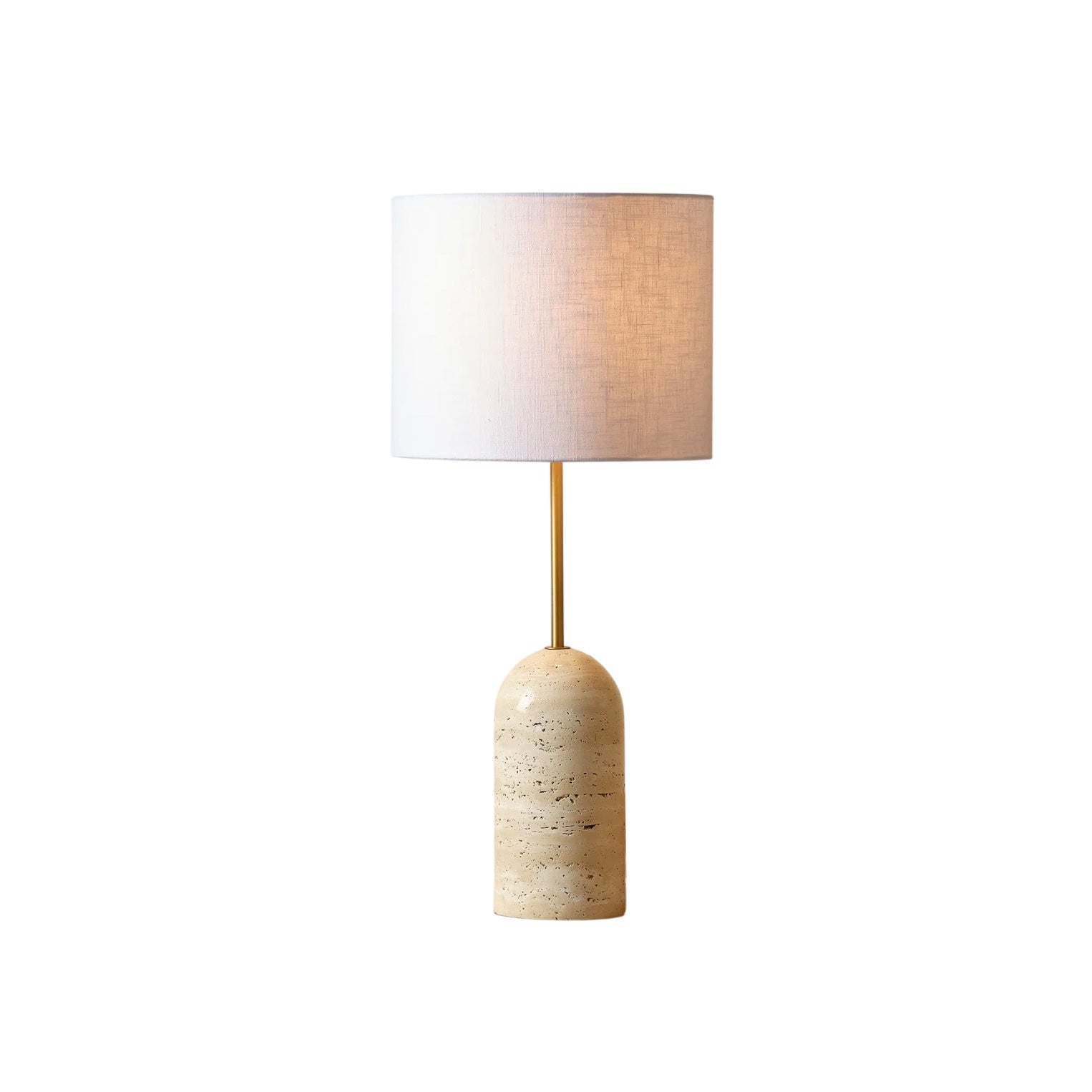 Holt Travertine Table Lamp with a linen drum shade.