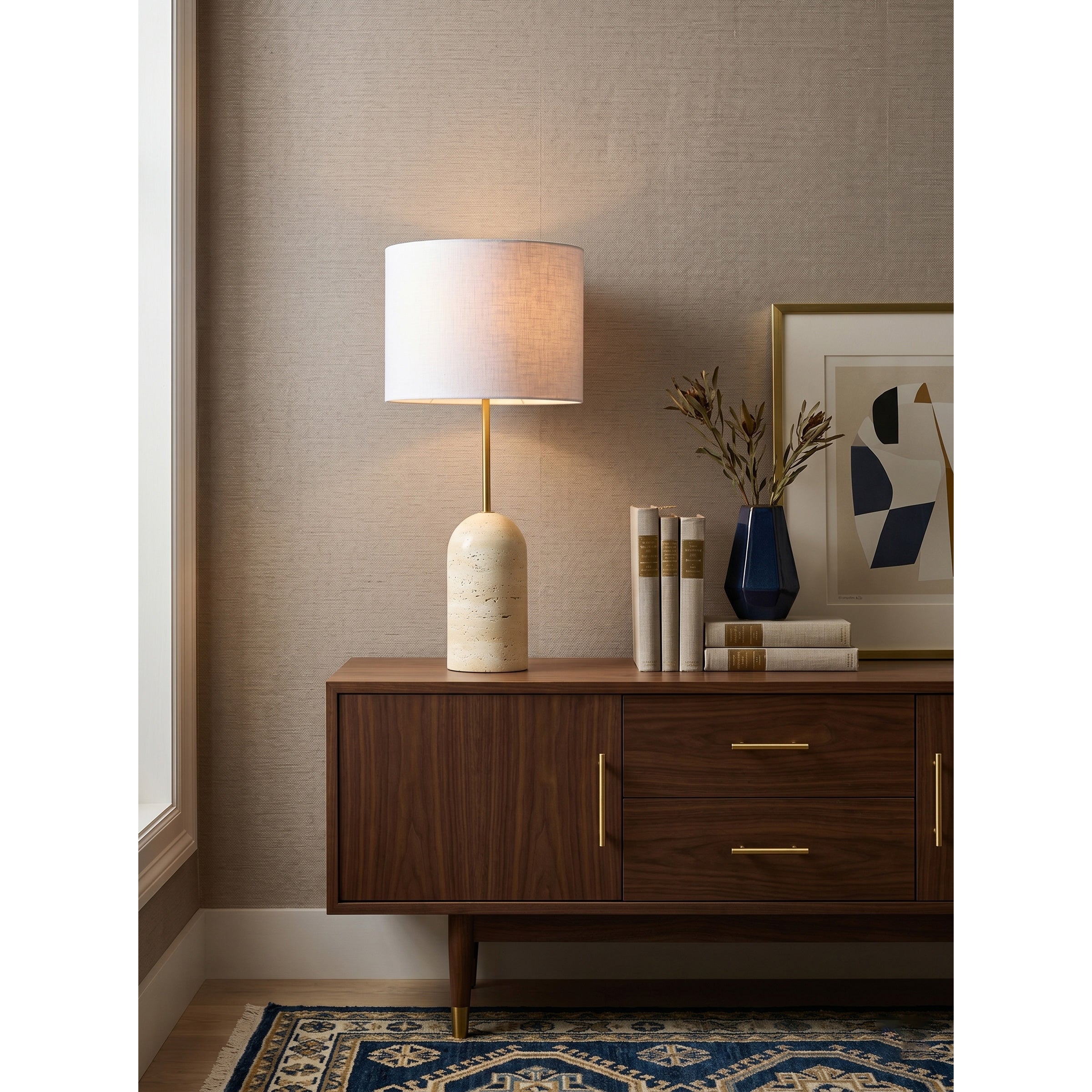 The lamp shown from a low angle, emphasizing its elegant height.