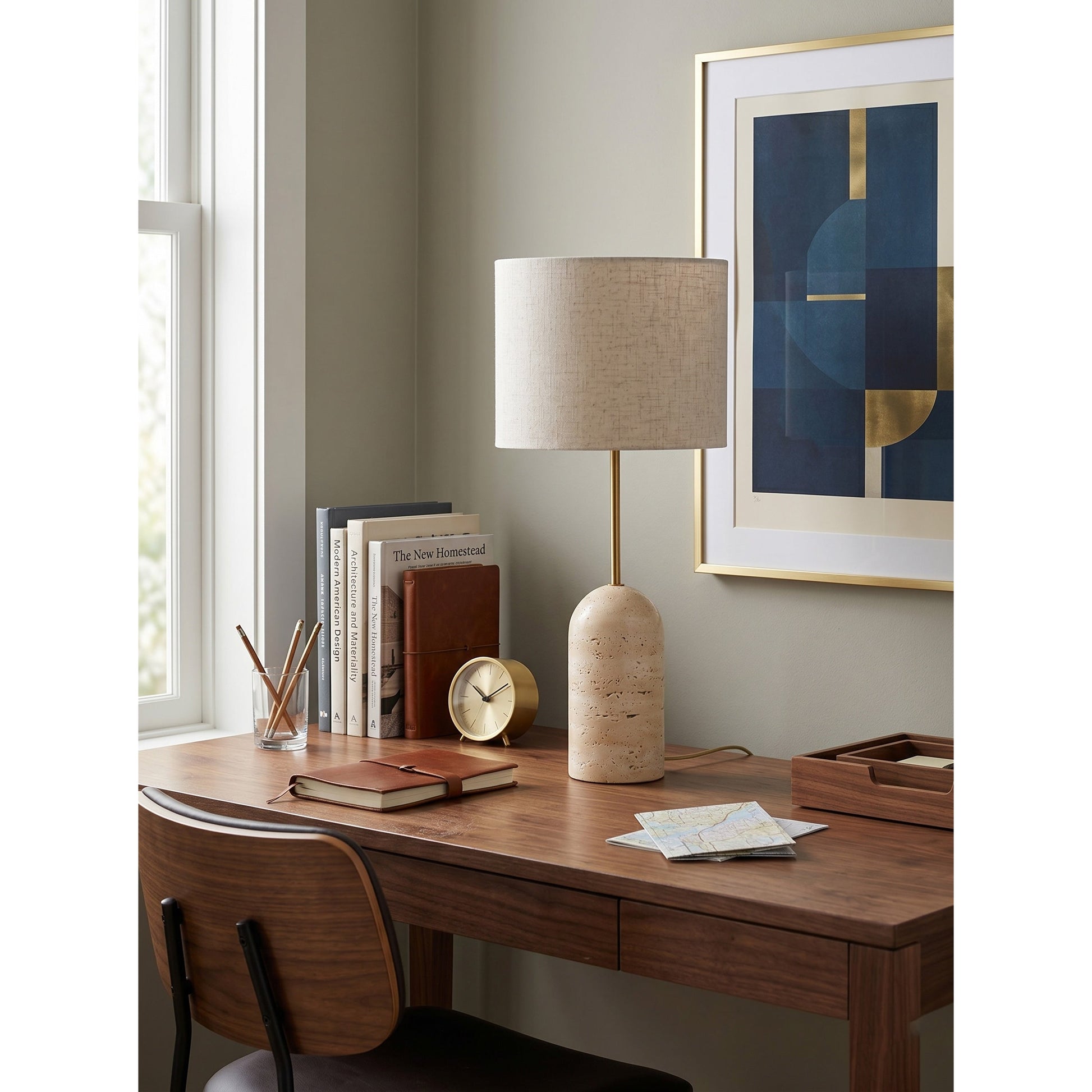 Holt Table Lamp illuminated, casting a soft, ambient glow.