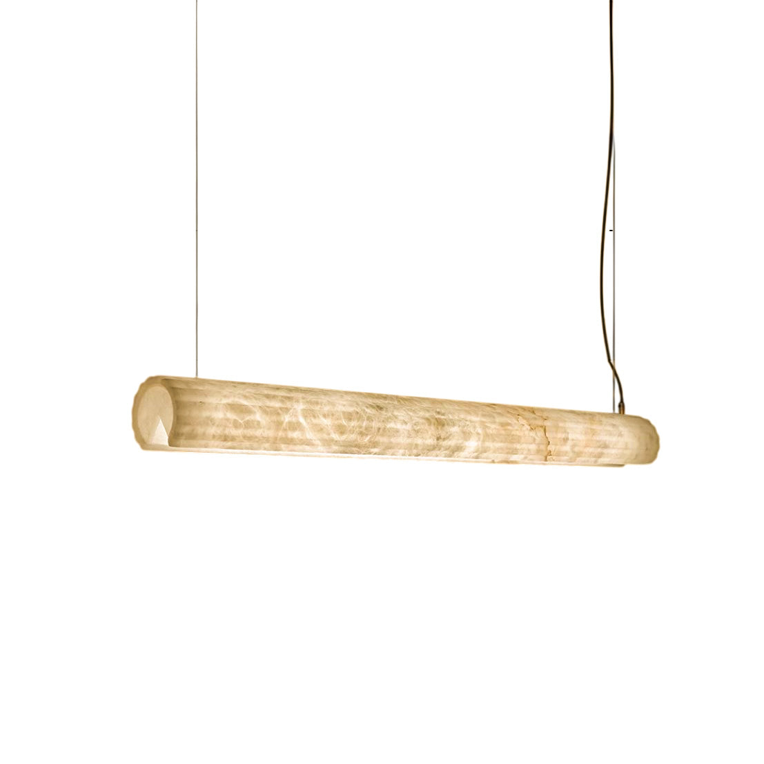 Horizontal Alabaster Roller Pendant Lamp hanging in a modern dining room.