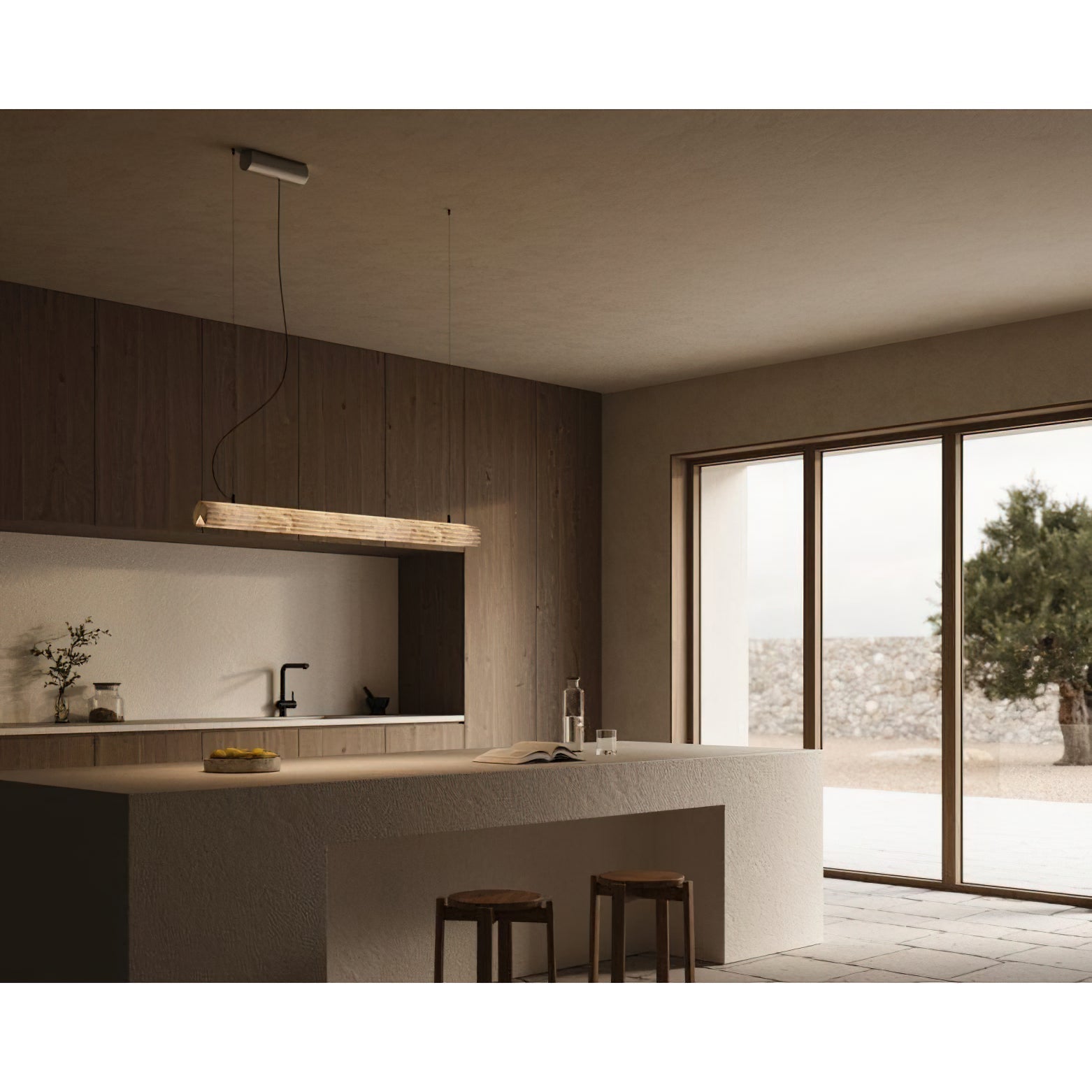Side profile of the horizontal alabaster pendant against a neutral wall.