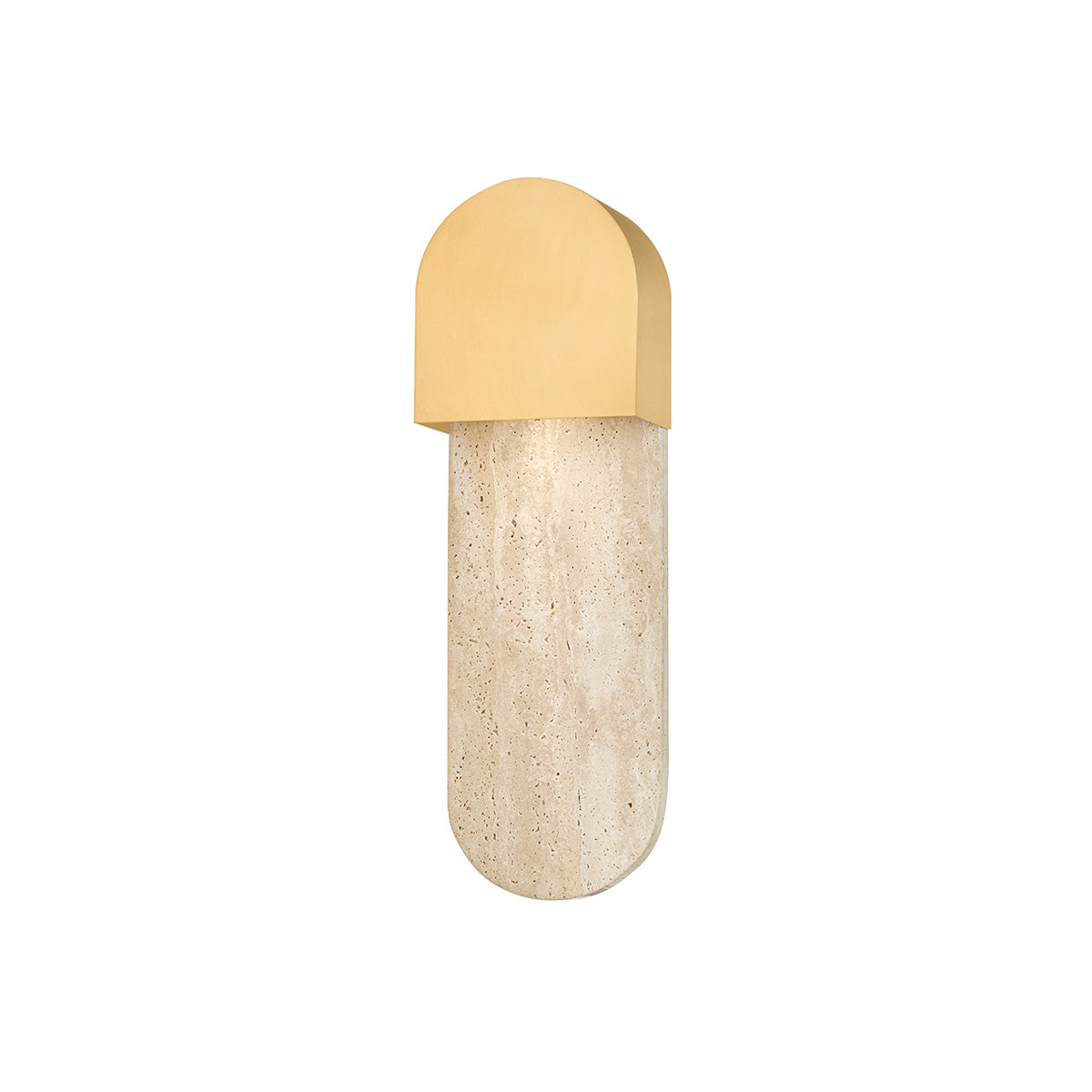 Front view of the Hudson Wall Sconce with its brass dome and travertine backplate.