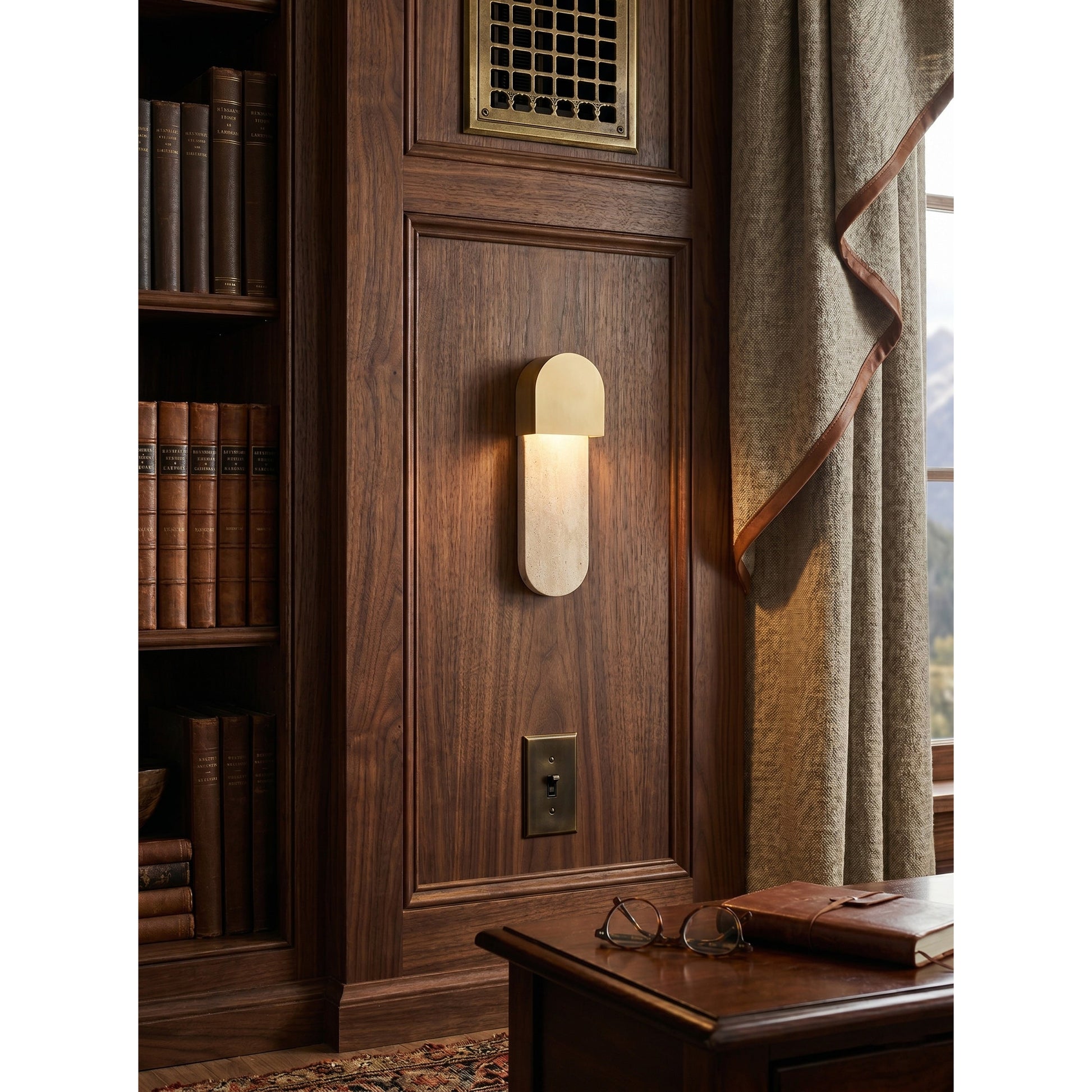 Hudson Wall Sconce installed as a sophisticated bedside reading lamp.