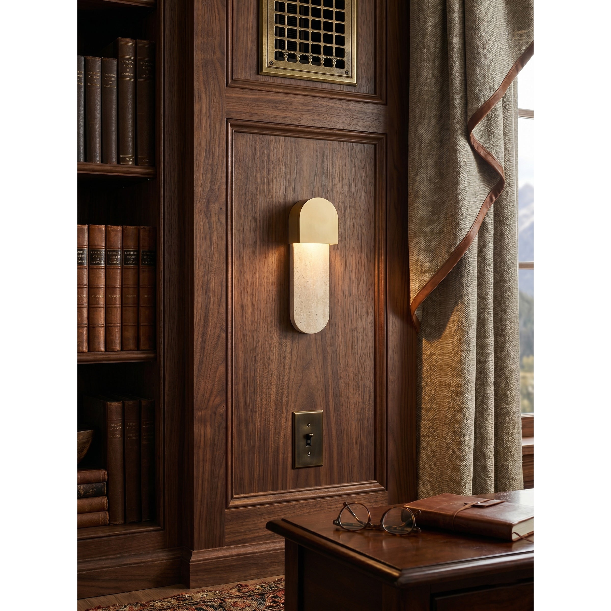 Hudson Wall Sconce installed as a sophisticated bedside reading lamp.