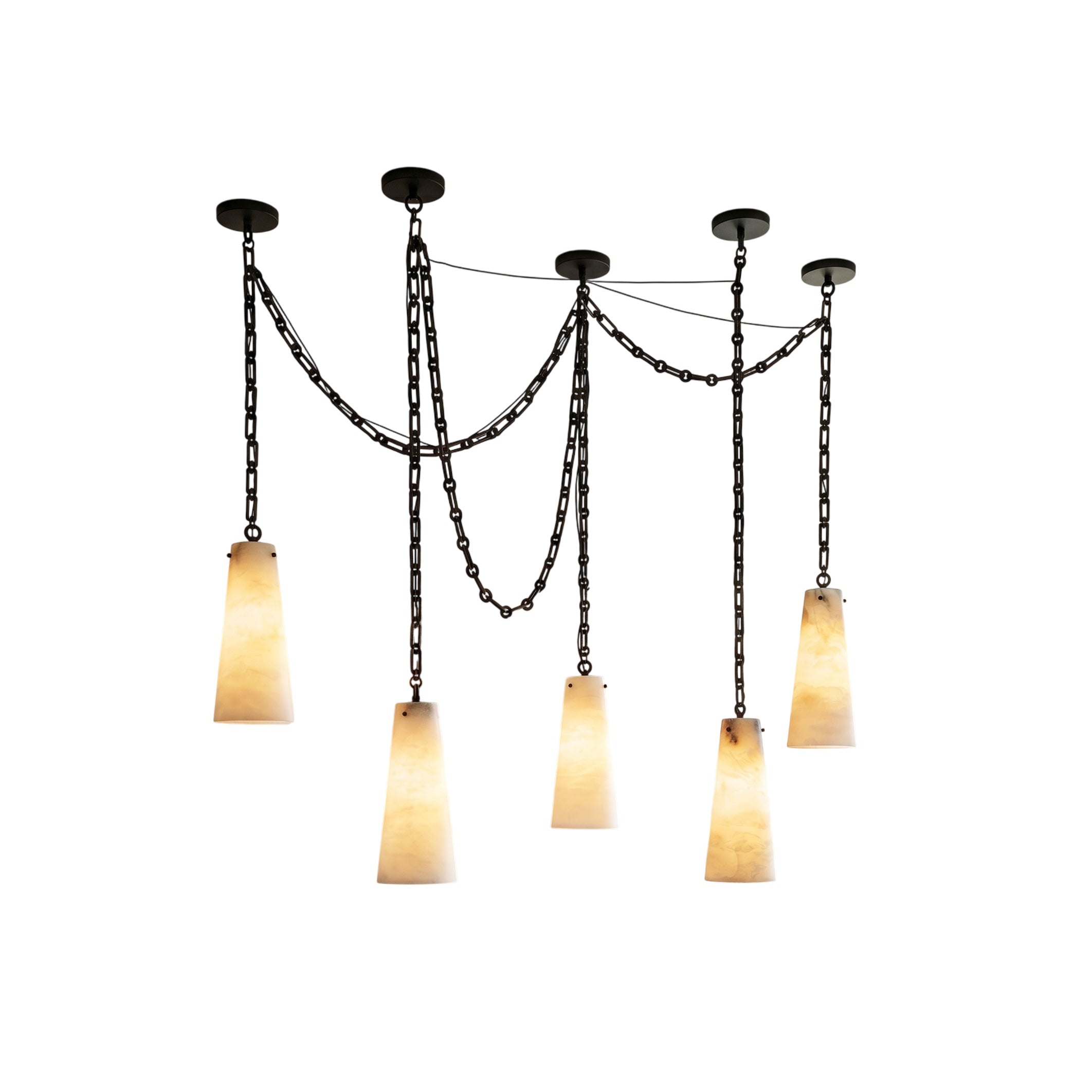 Industrial cascade chain alabaster chandelier hanging over a kitchen island.