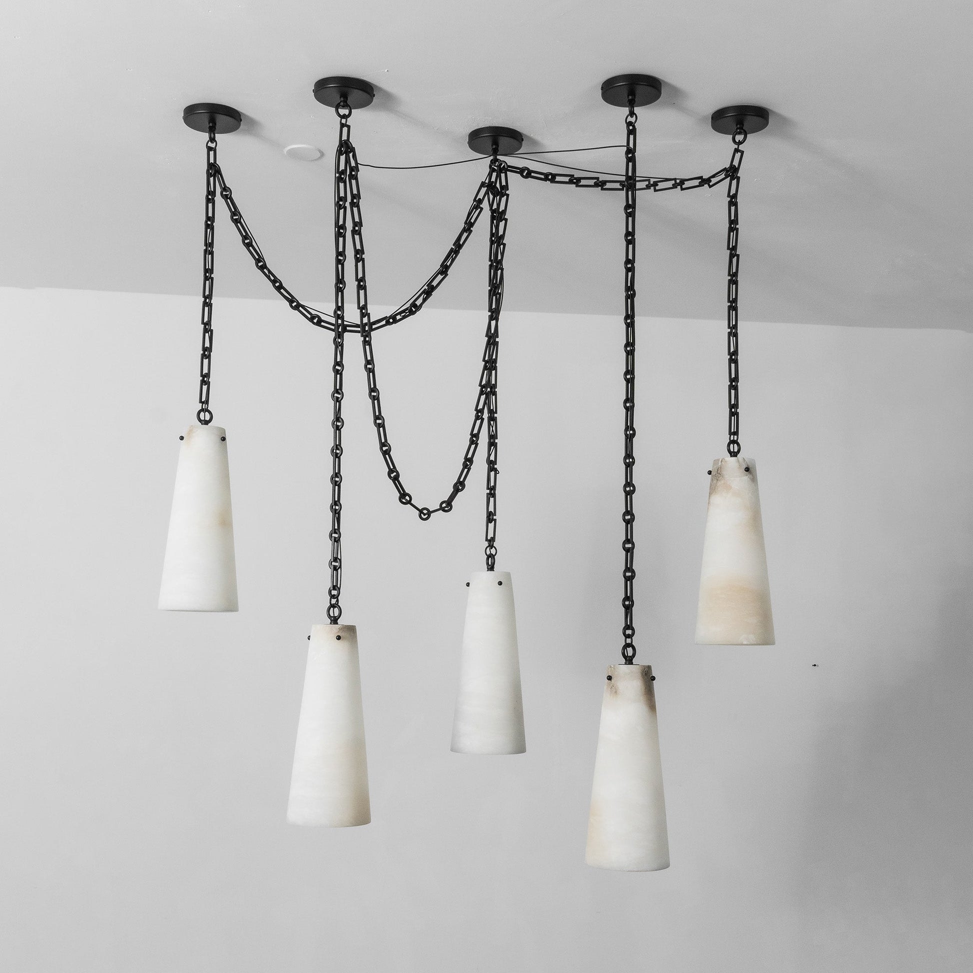 The industrial chandelier against a dark wall for contrast.
