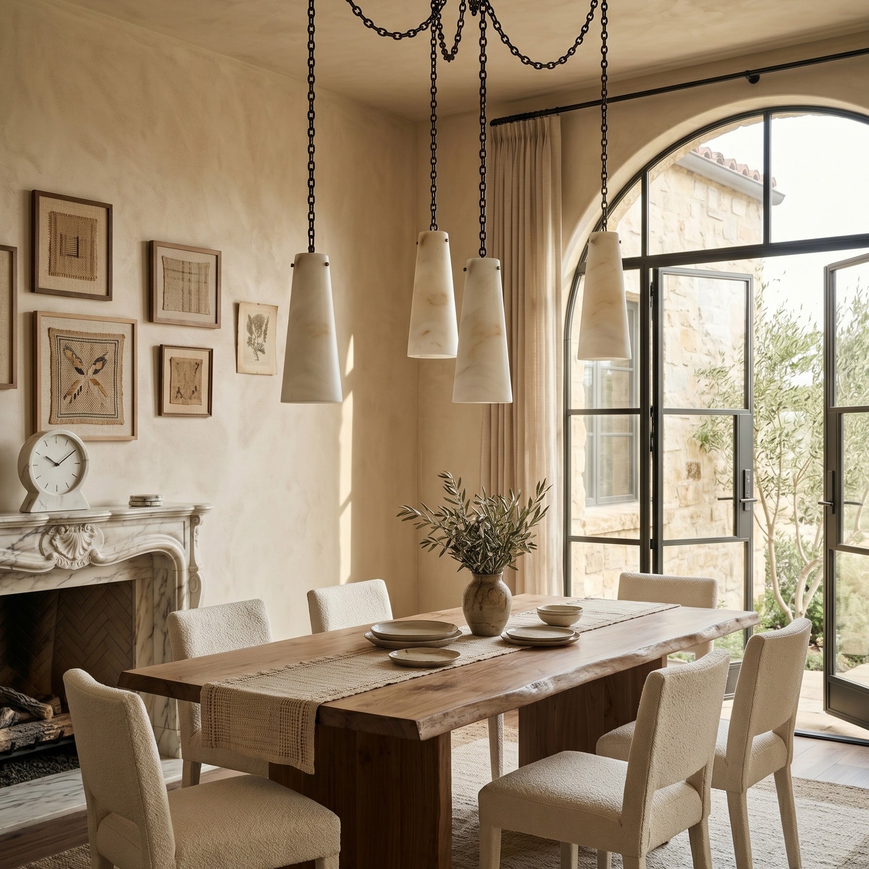 Side profile of the alabaster cone shade and its metal chain.