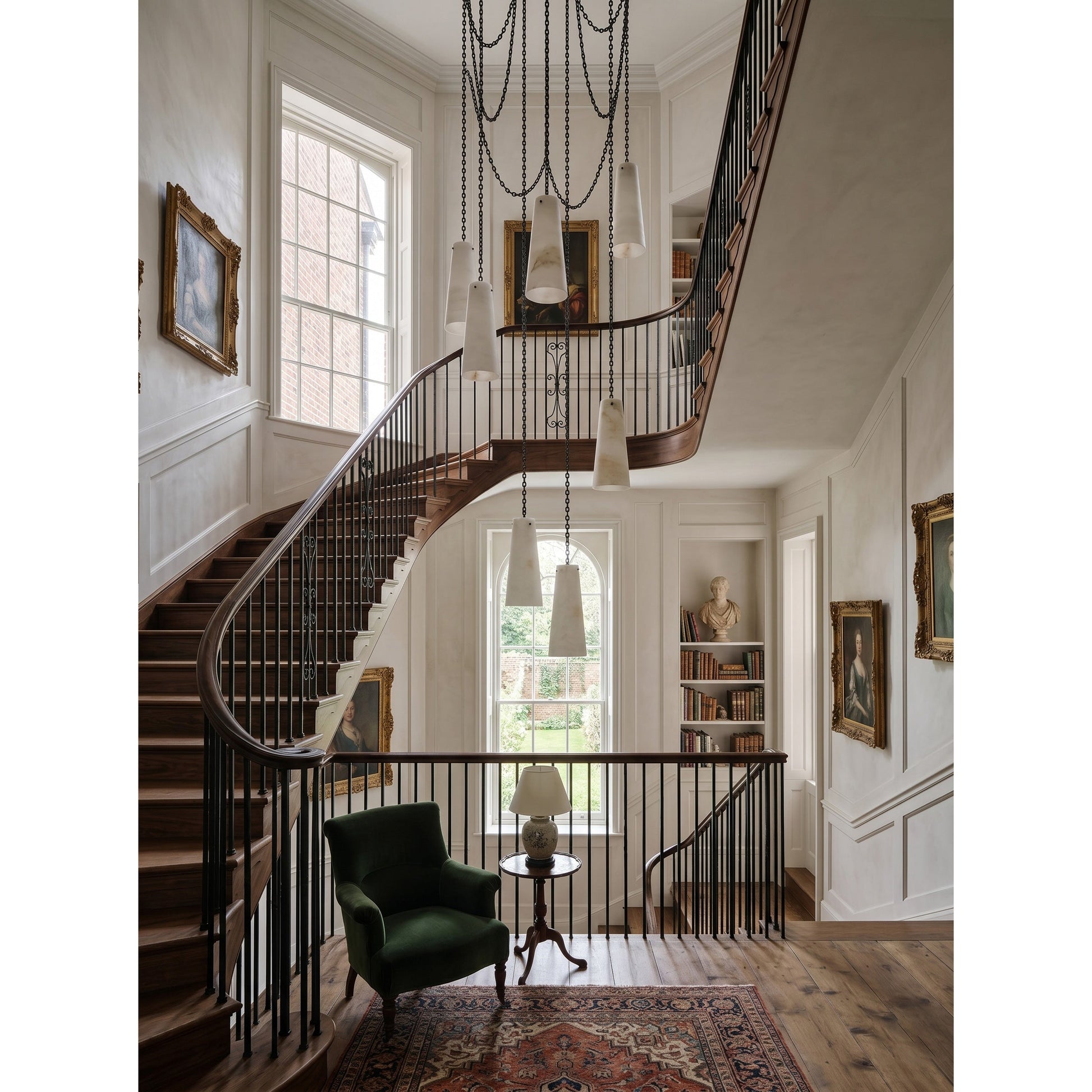 The chandelier shown in a modern farmhouse dining room.
