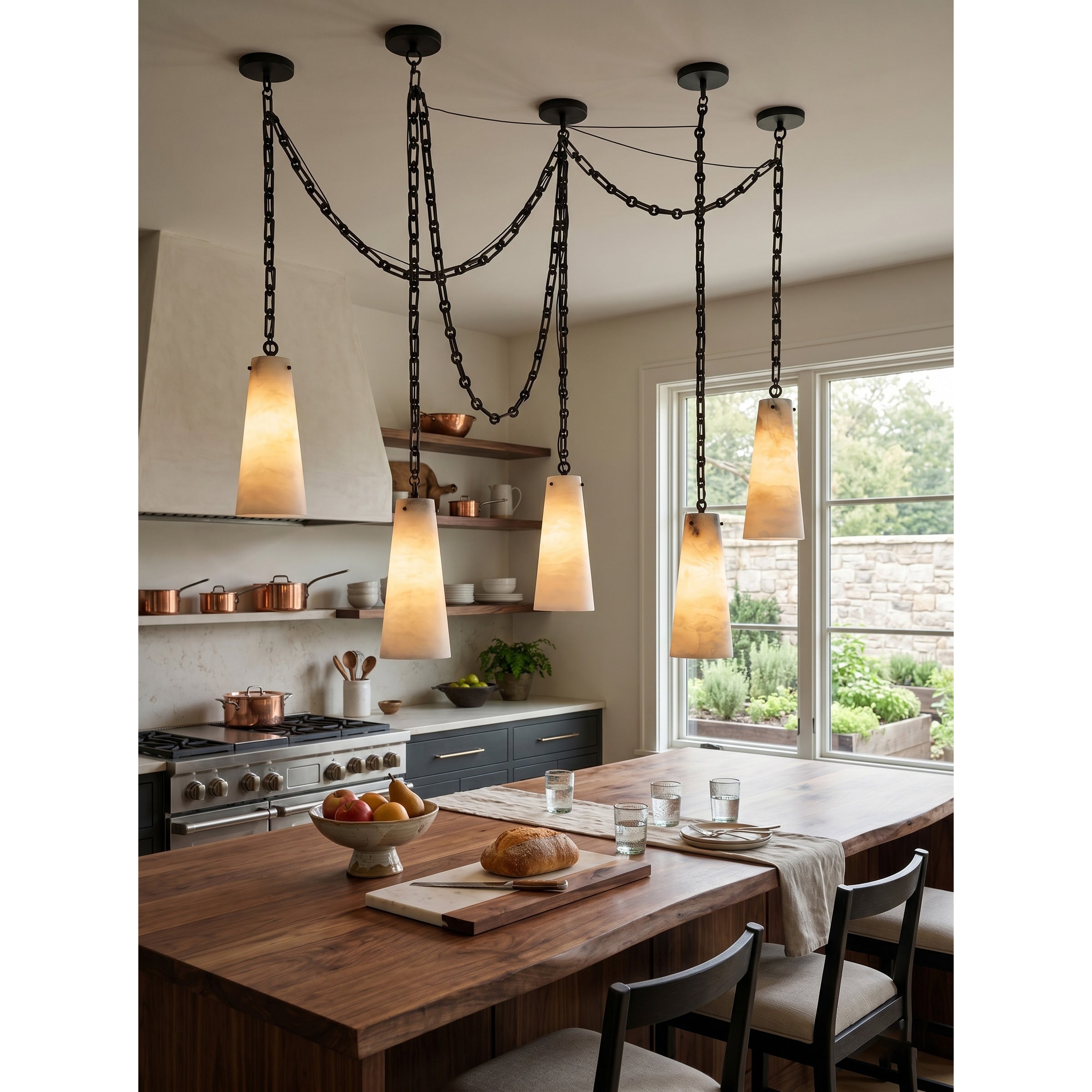 Ambient glow from the alabaster chandelier in a dimly lit room.