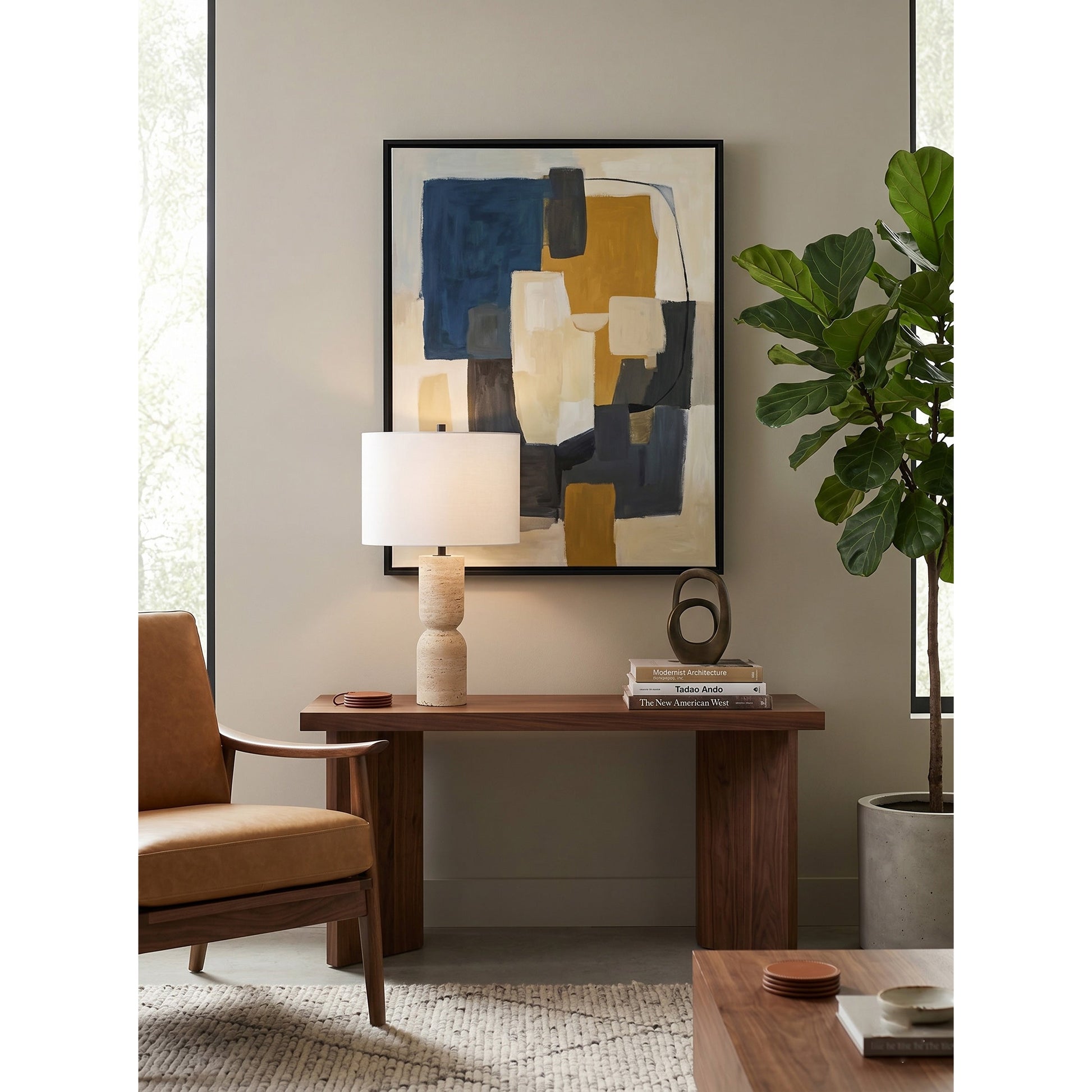 Side profile of the Jamia Travertine Table Lamp highlighting its totem shape.