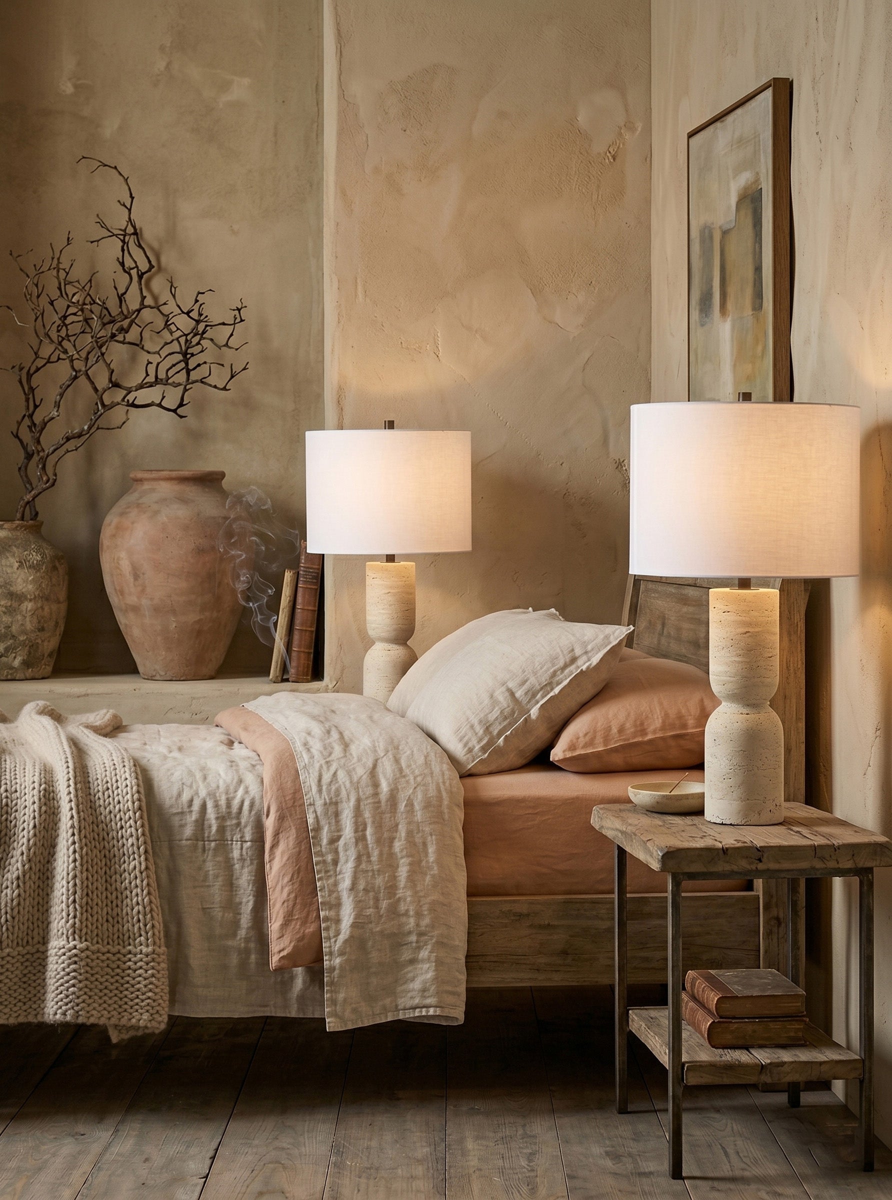 Full view of the Jamia Travertine Table Lamp against a neutral background.