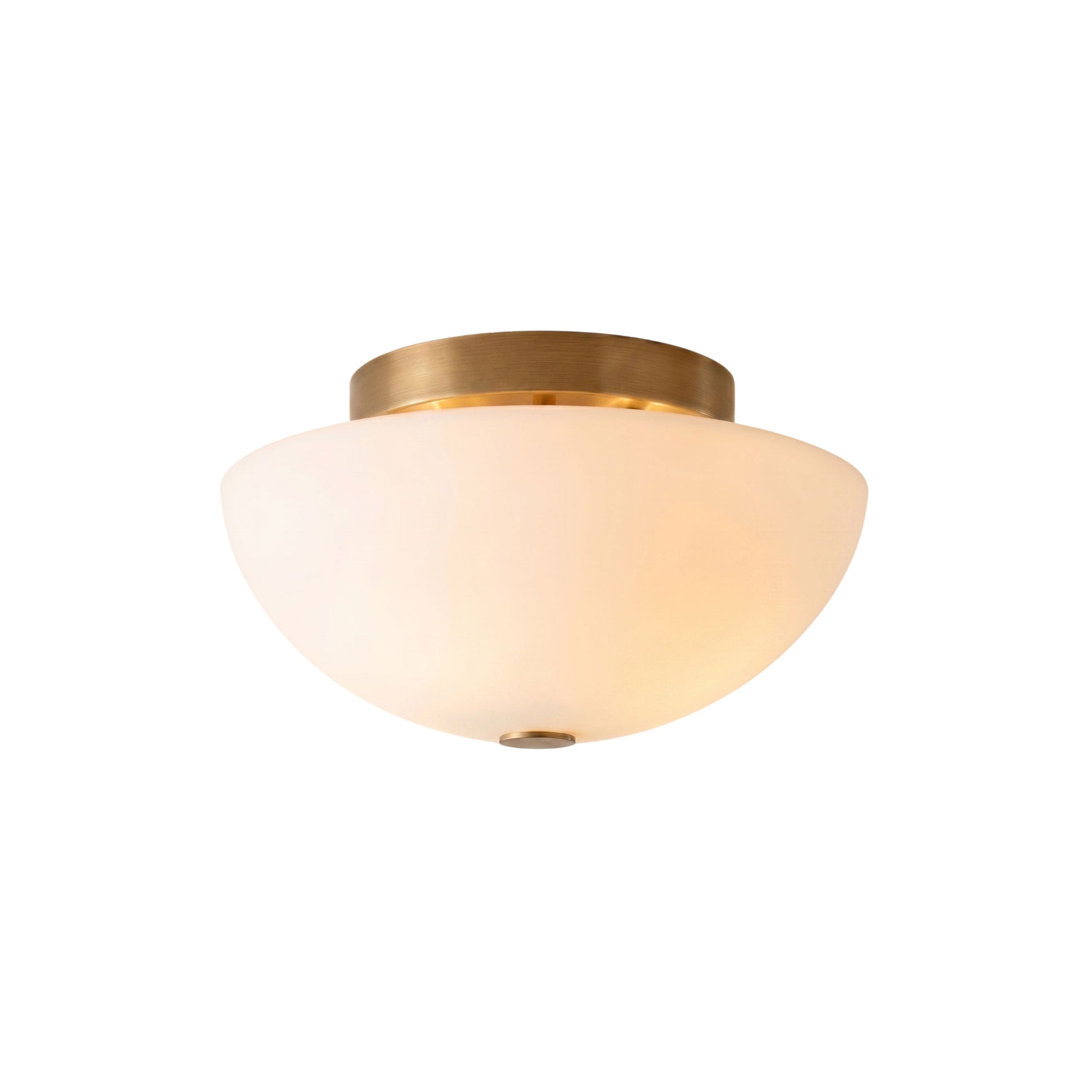 Jeanne white glass and brass flush mount light against a white background.