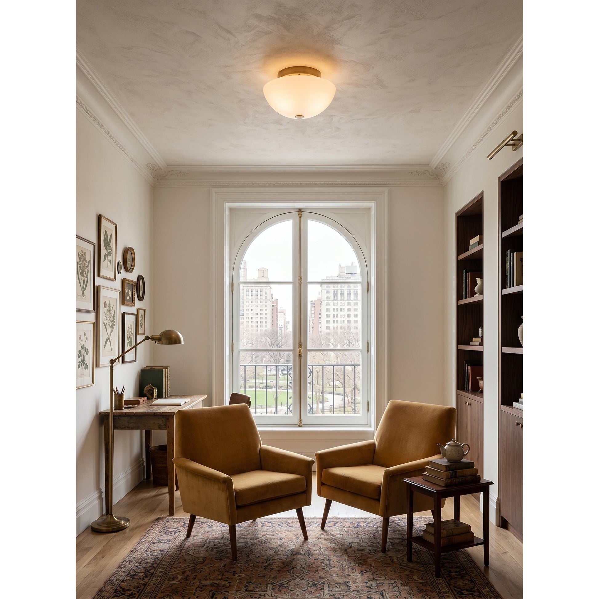 Jeanne flush mount providing illumination in a walk-in closet.