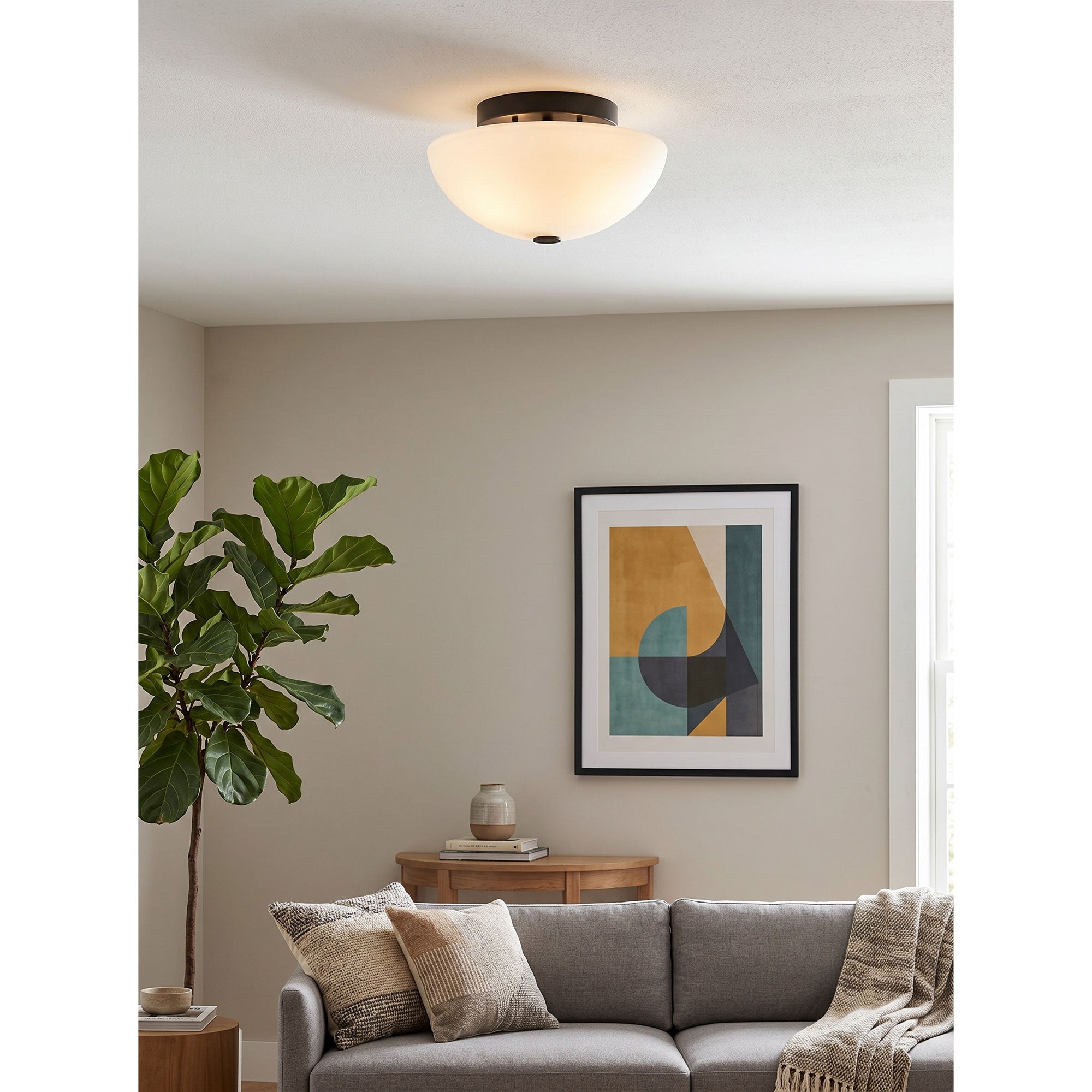 Product dimensions overlay on an image of the Jeanne flush mount.