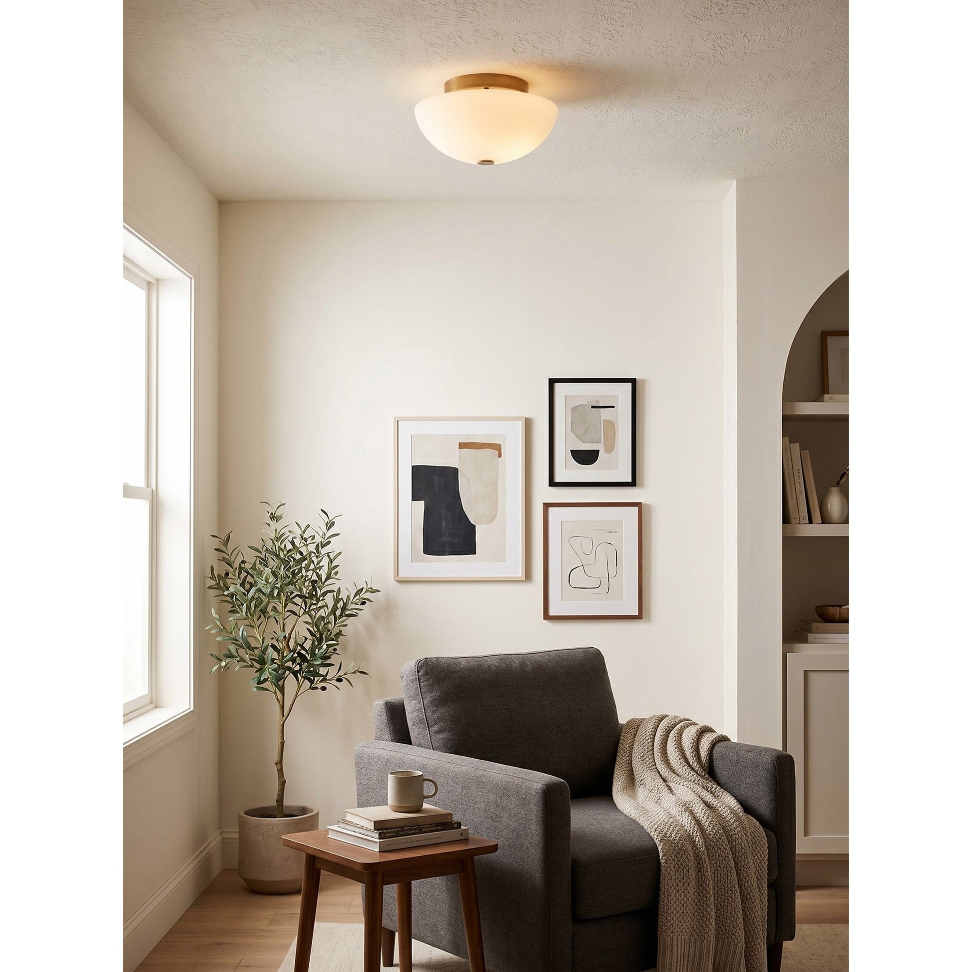 Top-down view of the Jeanne white glass flush mount.