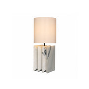 Jman Marble Table Lamp with a white marble accordioned base and a white linen shade.
