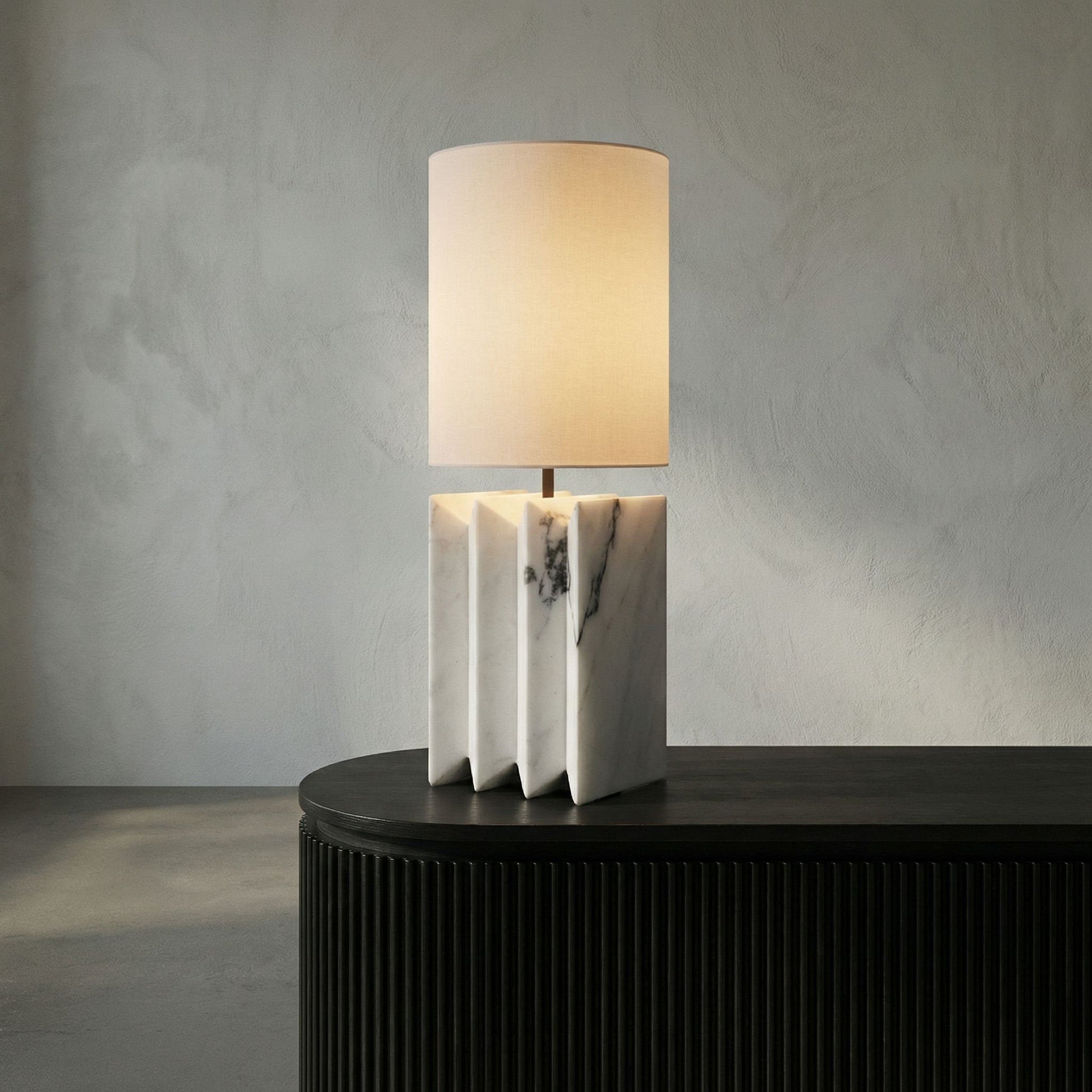 Close-up of the heavily veined natural white marble base of the Jman Table Lamp.