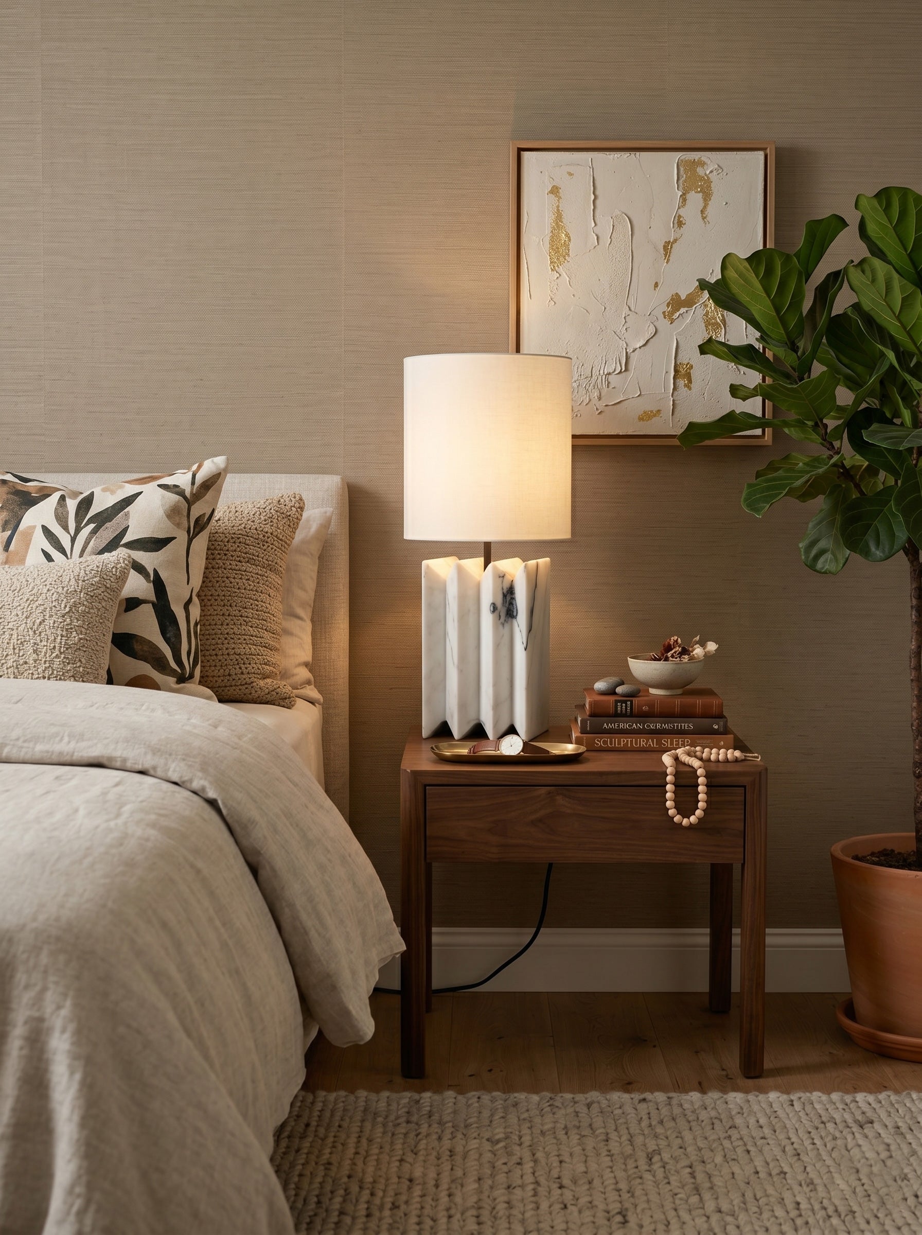 Jman Marble Table Lamp in black marble with a contrasting white linen shade.